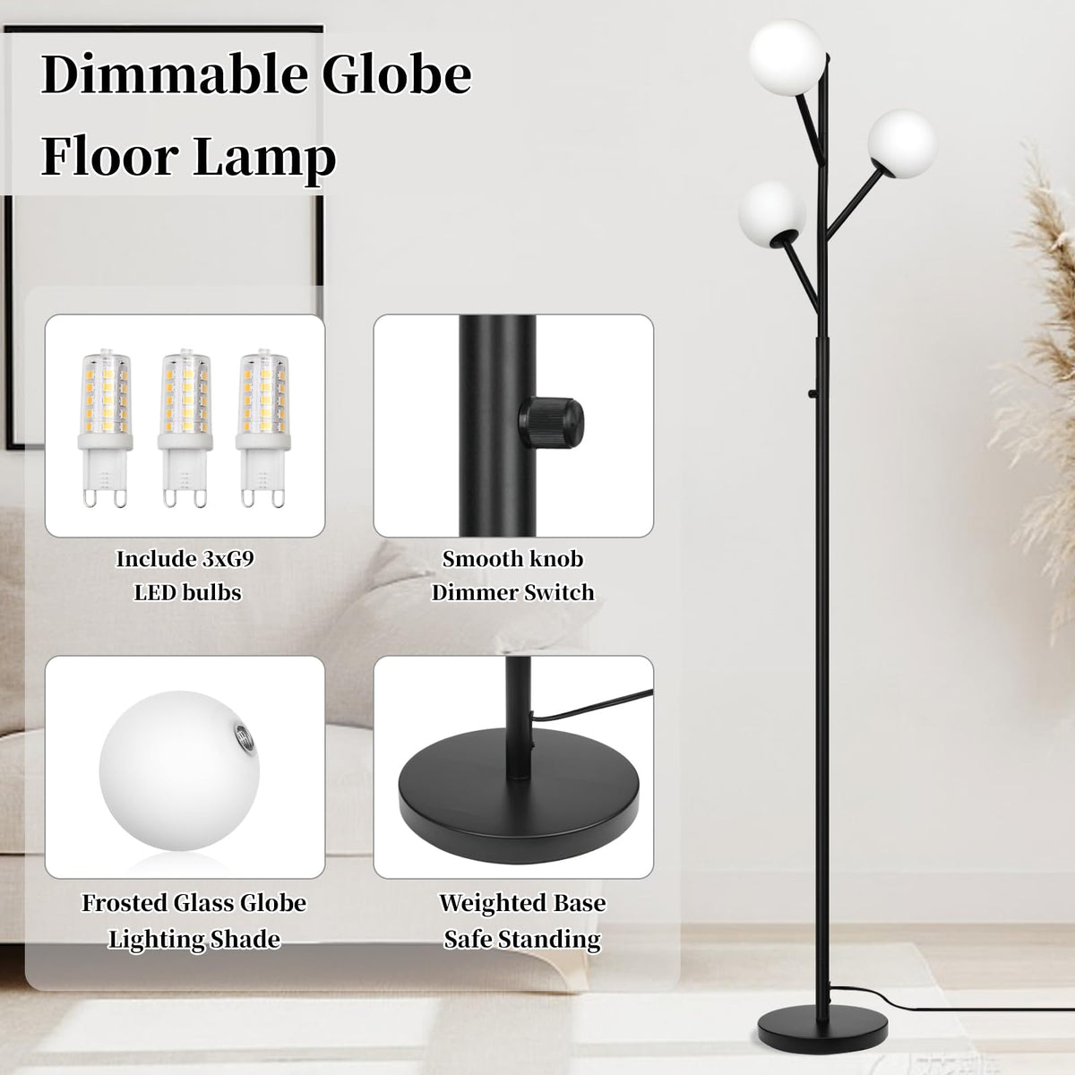 3-Globe Mid Century Black Tree Floor Lamp for Living Room,70in Tall Modern Stepless Dimmable Standing Lamp with Frosted Glass Shade for Office Bedroom, Study Room Bulbs Included(dimmer-Black)