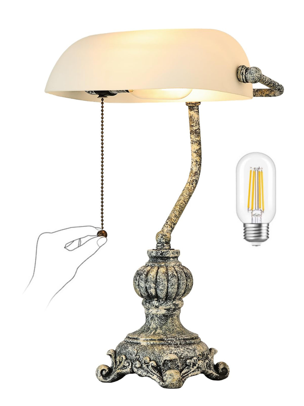 Retro White Matted Glass Bankers Desk Lamp,LED Bulb Included