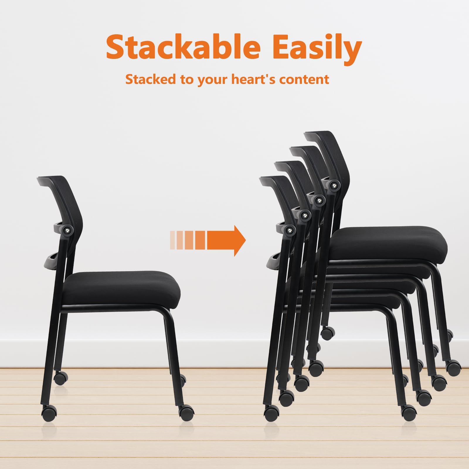 Mesh Stacking Office Desk Chairs with Wheels, Portable Stackable Bulk Waiting Room Armless Chair with Adjustable Back & Fabric Seat for Guest Lobby Side School Church Conference Break, Black