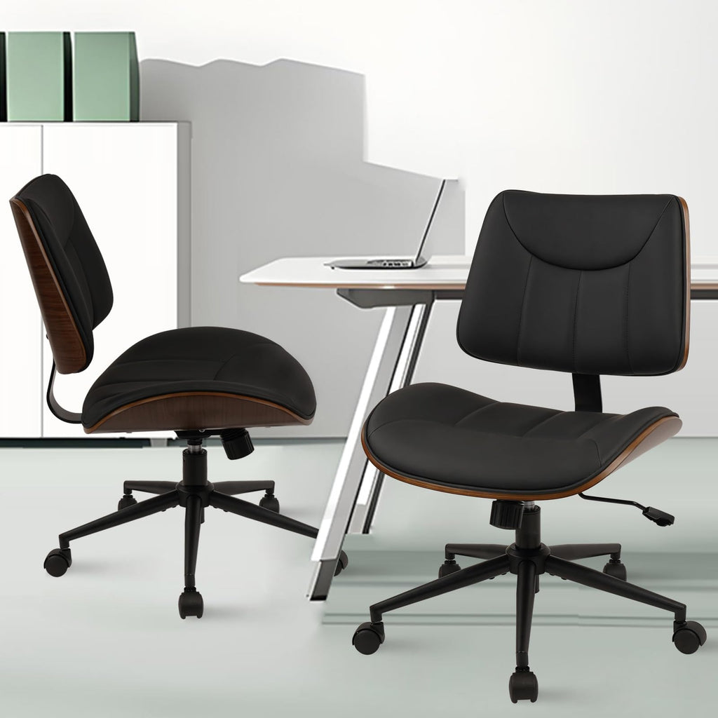 Office Chair Armless with Wheels, Mid-Century Modern Walnut Desk Chair, Adjustable Height Reading Chair, PU Leather Mid Back & Swivel Computer Chairs for Home Meeting Room Bedroom, Black(2 PK)