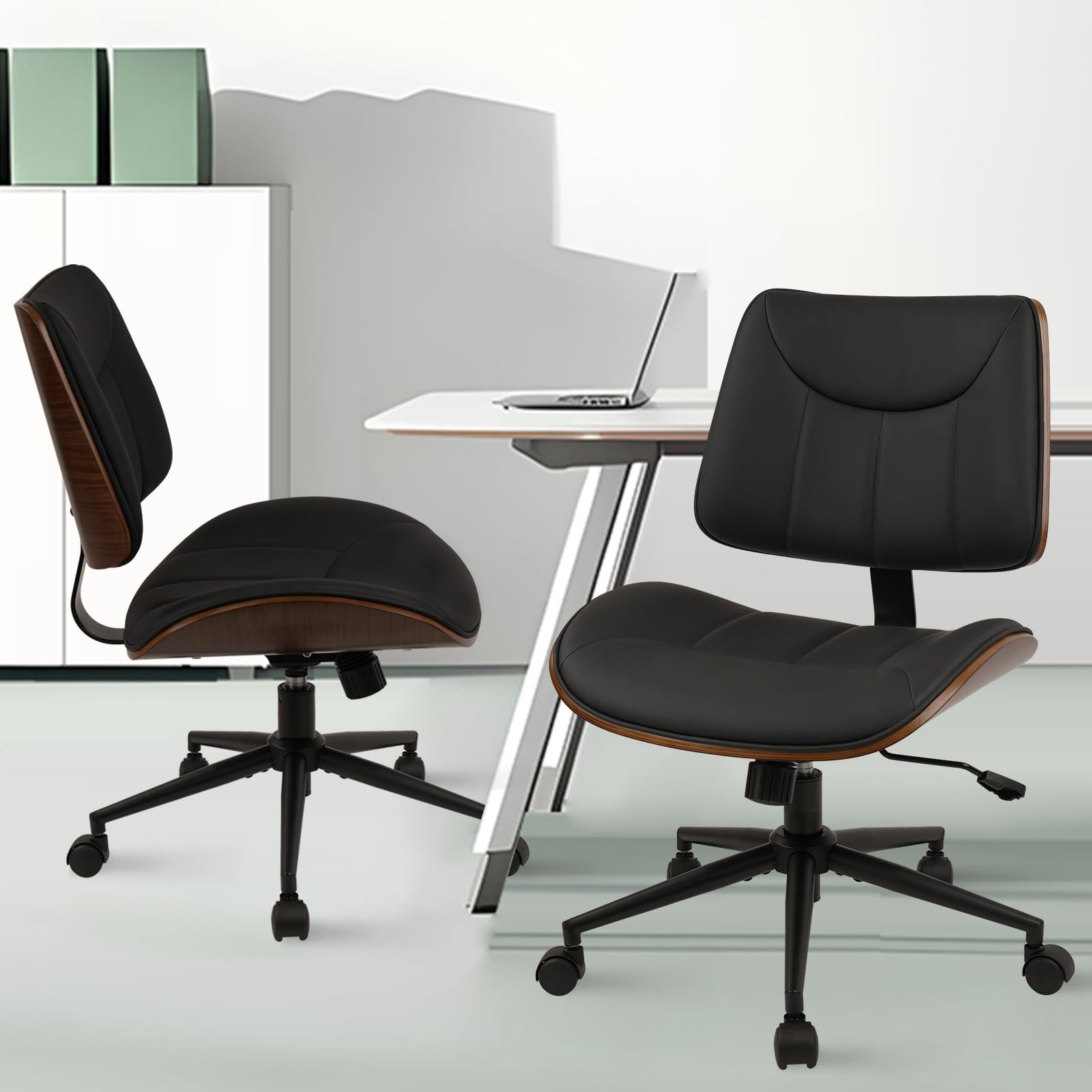 Office Chair Armless with Wheels, Mid-Century Modern Walnut Desk Chair, Adjustable Height Reading Chair, PU Leather Mid Back & Swivel Computer Chairs for Home Meeting Room Bedroom, Black(2 PK)