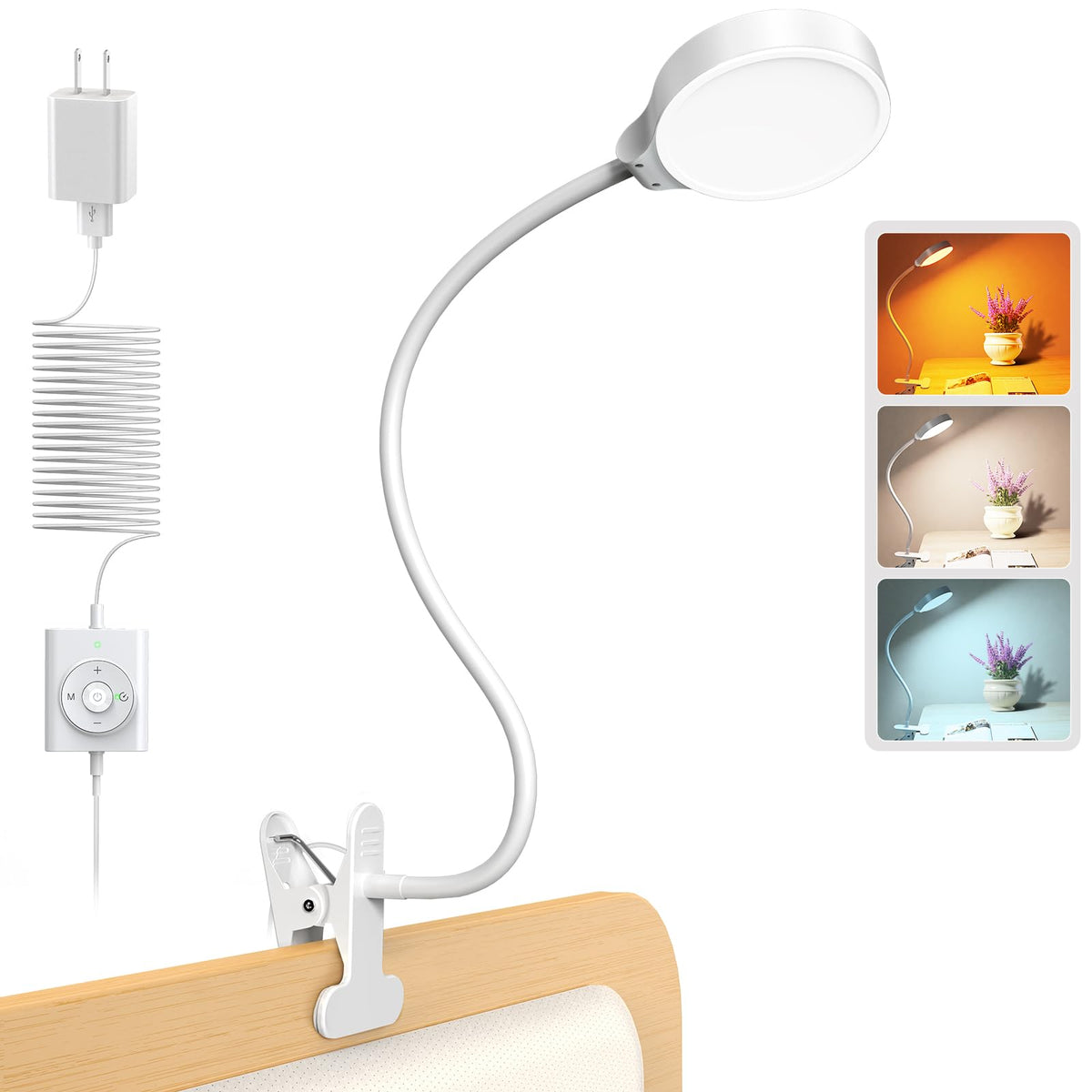 5W Clip on Light, 3 Colors & 5 Brightness Reading Light for Bed