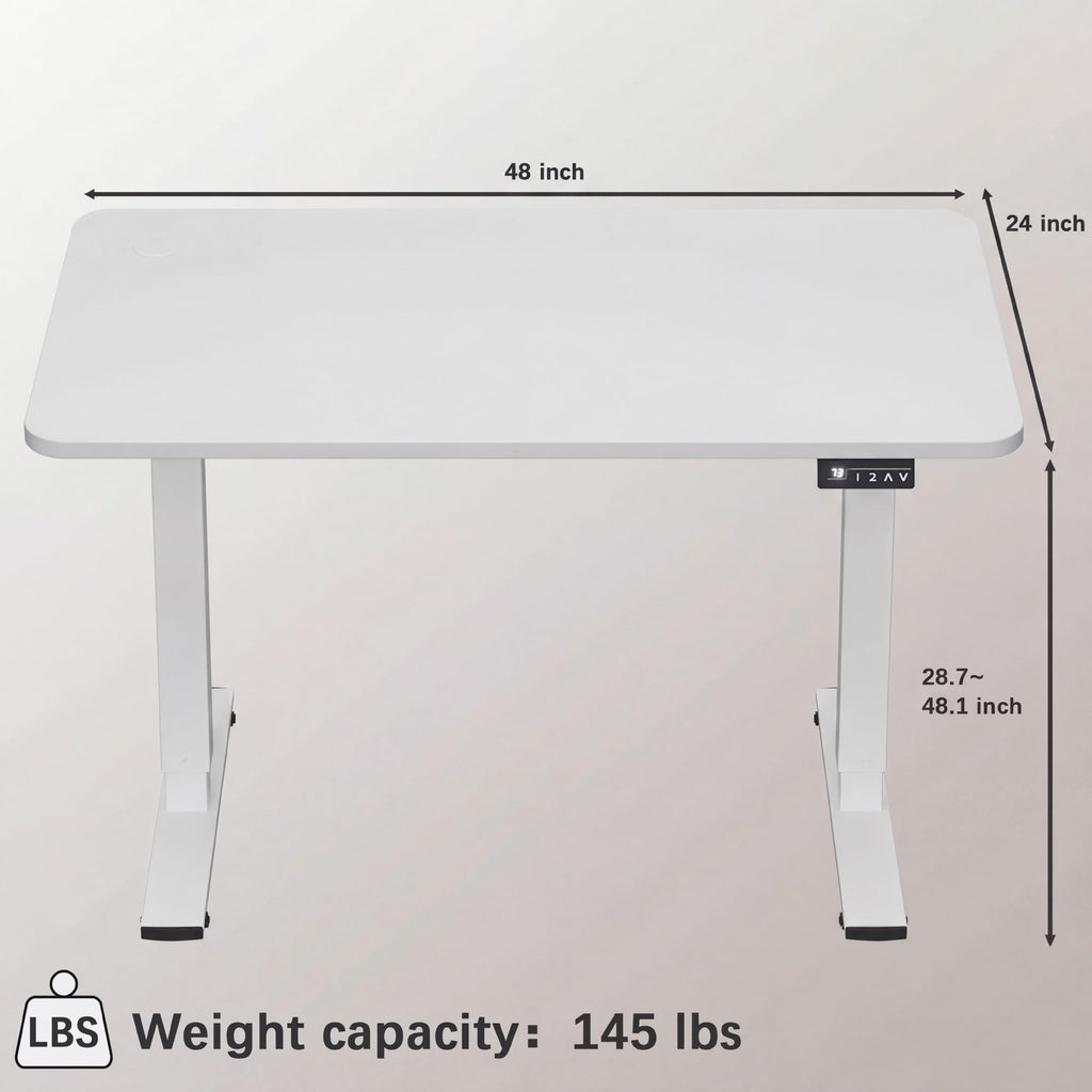 Electric Height Adjustable Standing Desk Large 48 x 24 Inches Sit Stand up Desk Home Office Computer Desk Memory Preset with T-Shaped Metal Bracket, White