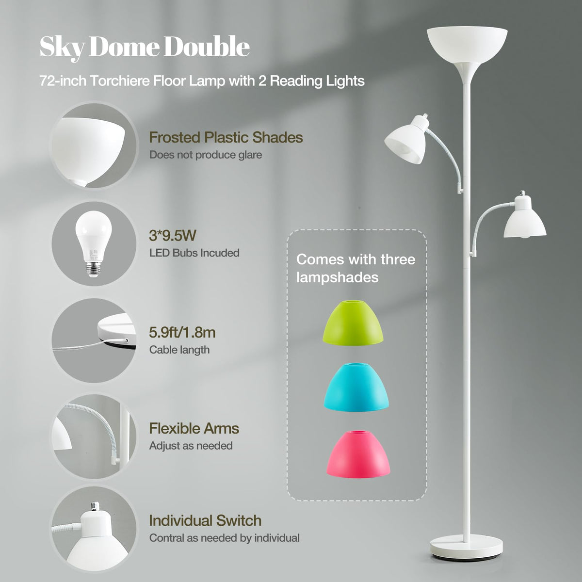 White Floor Lamp, 72" Tall Standing Floor Lamp with 5 Replace Lampshades