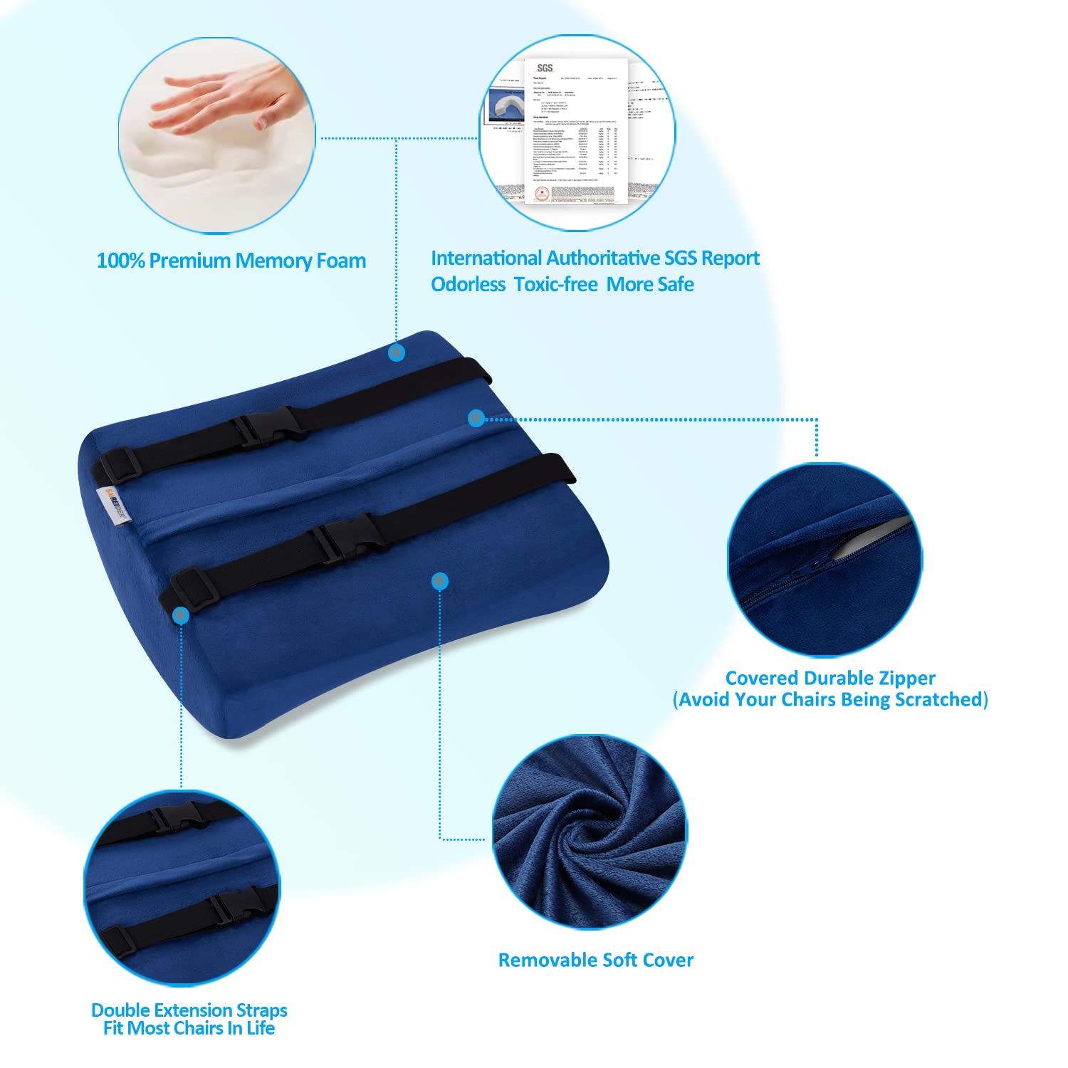 Office Chair Lumbar Pillow, Memory Foam Back Support Pillows for Car、Gaming Chair、 Home Chair, Fatigue Relief Correct Posture, Double Adjustable Straps(Navy Blue)