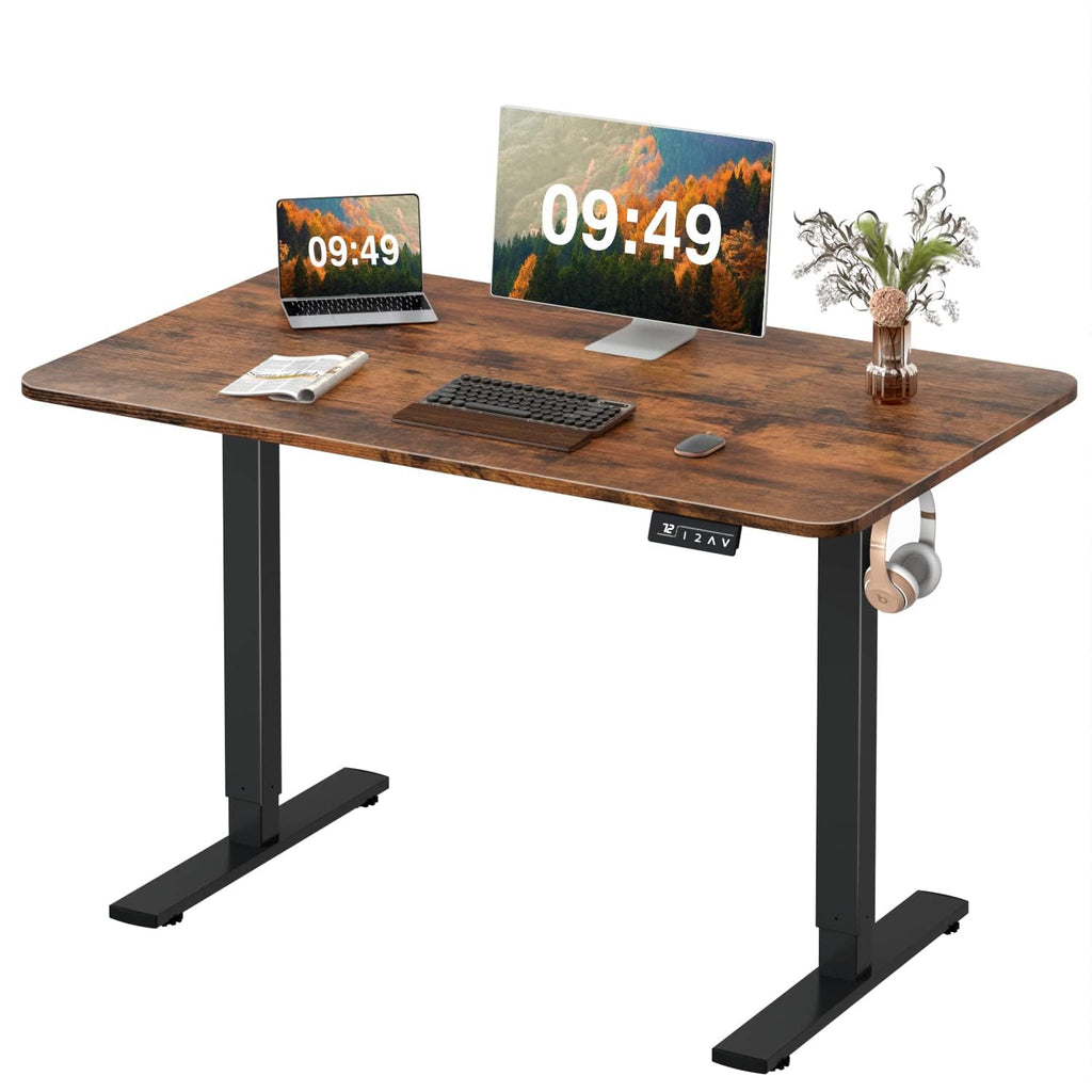 Electric Height Adjustable Standing Desk Large 48 x 24 Inches Sit Stand up Desk Home Office Computer Desk Memory Preset with T-Shaped Metal Bracke, Brown