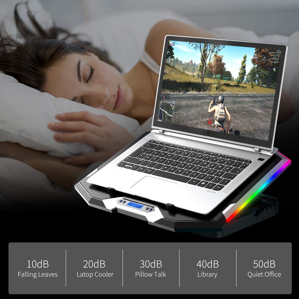 Laptop Cooling Pad 15-17.3 Inch, Laptop Fan with 6 RGB Cooling Fans, Laptop Cooling Stand with 6 Height Adjustable, Laptop Cooler with LCD Screen, 2 USB Ports, Phone Stand