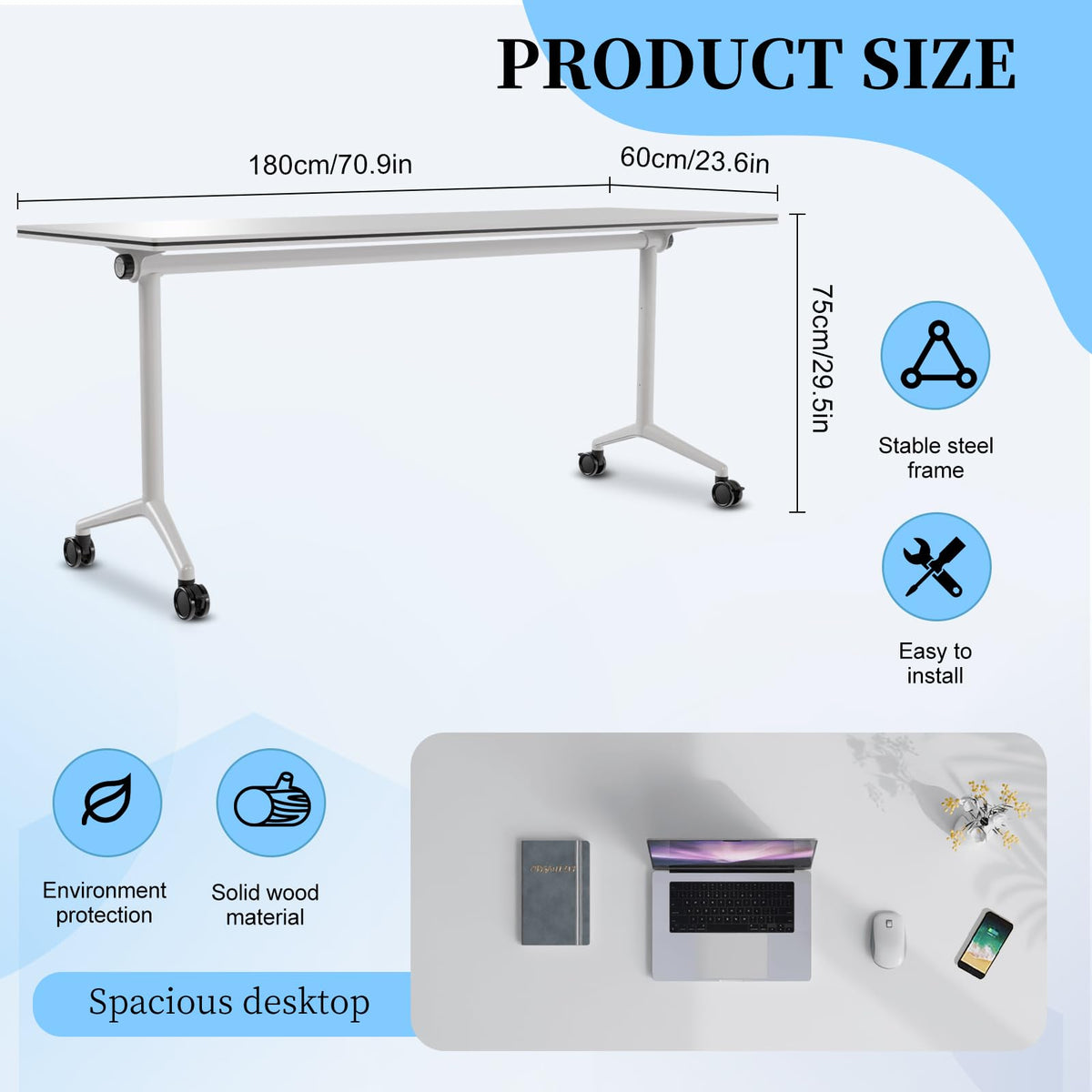 Conference Table, Folding Conference Room Tables, Modern Flip Top Seminar Training Meeting Table with Wheels, Modular Foldable Conference Tables for Home Office Classroom (White 10 Pack,70.8inch)