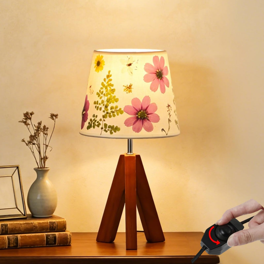 Dried Flowers Tripod Table Lamp 14.17in, 9W LED Dimmable Cute Bedside Lamp with Flowers Linen Lampshade for Nursery, Bedroom, Kid Room, Living Room, Light Brown Wooden Base