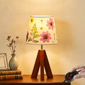 Dried Flowers Tripod Table Lamp 14.17in, 9W LED Dimmable Cute Bedside Lamp with Flowers Linen Lampshade for Nursery, Bedroom, Kid Room, Living Room, Light Brown Wooden Base