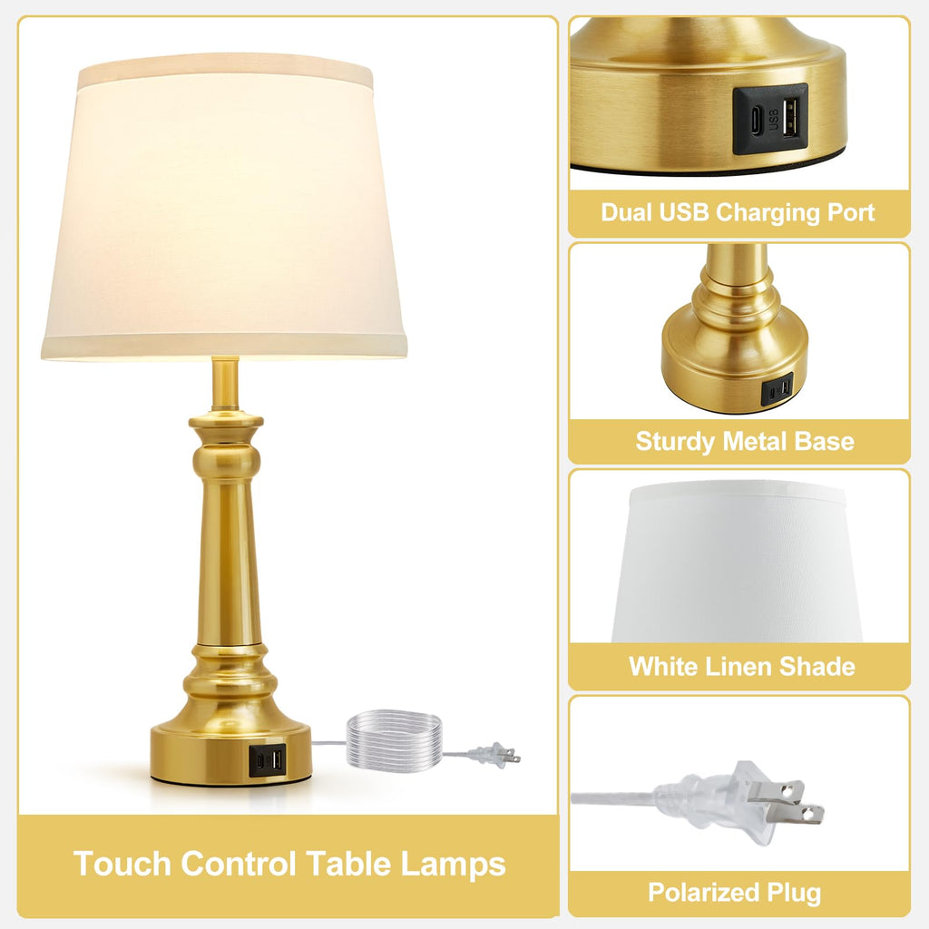 Touch Lamps for Nightstand Set of 2 - Gold Table Lamp for Bedroom Dimmable Bedside Lamps with USB C+A Ports - Lamps for Night Stands Living Room End Table,2 LED Bulbs Included