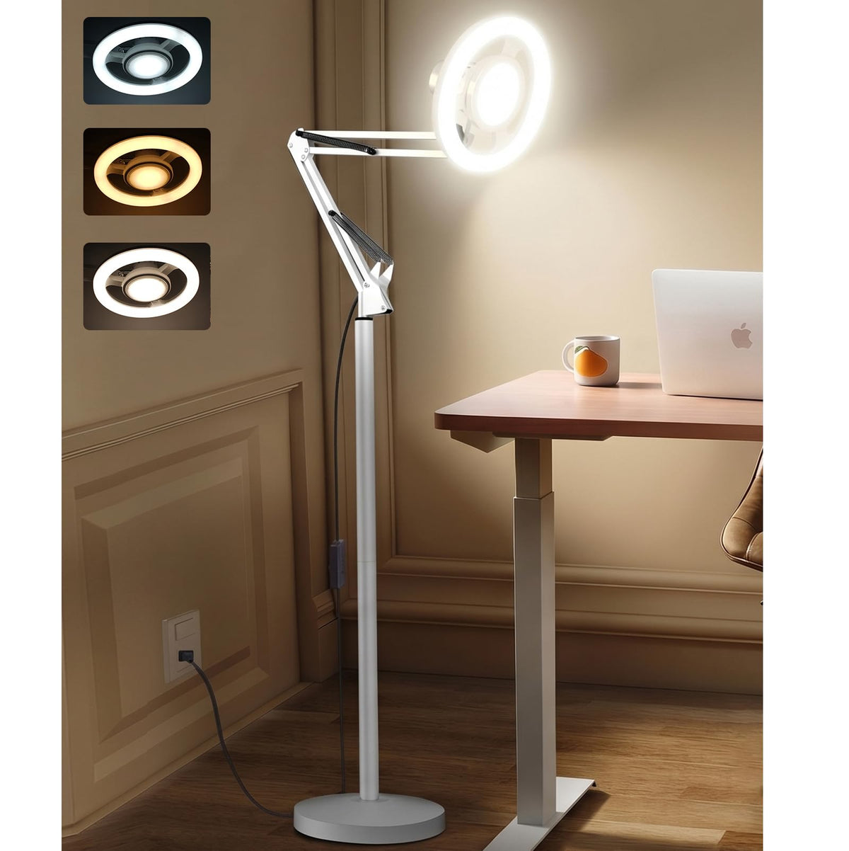36W Floor Lamp with Flexible Arm, 3 Colors Ring Light with Heavy-Duty Base & Remote, Standing Lamp for Living Room/Workspace/Tattoo/Live Streaming/TikTok/YouTube/Photography