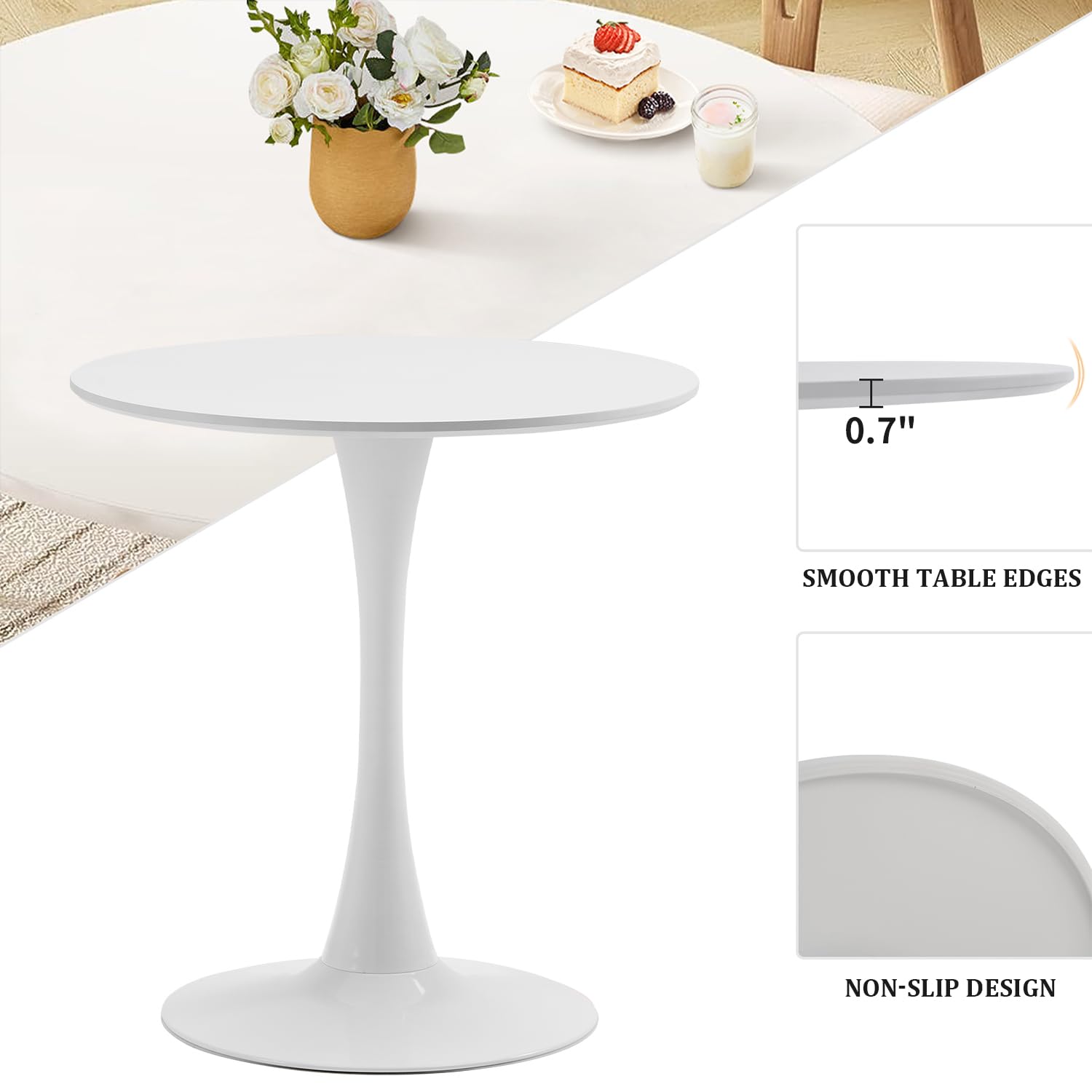 TUOMUR White Round Dining Table, 27.6" Tulip Table Kitchen Round Dining Table for 1-2 People with MDF Table Top and Metal Pedestal Base, Mid-Century Leisure Table for Home, Dining Room, Cafe