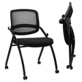 (2pk) Stackable & Foldable Chairs with Wheels, Reception Guest Chairs with Lumbar Support, Ergonomic Curved Mesh Back Folding Chair for Office Schools Conference Waiting Room, Black