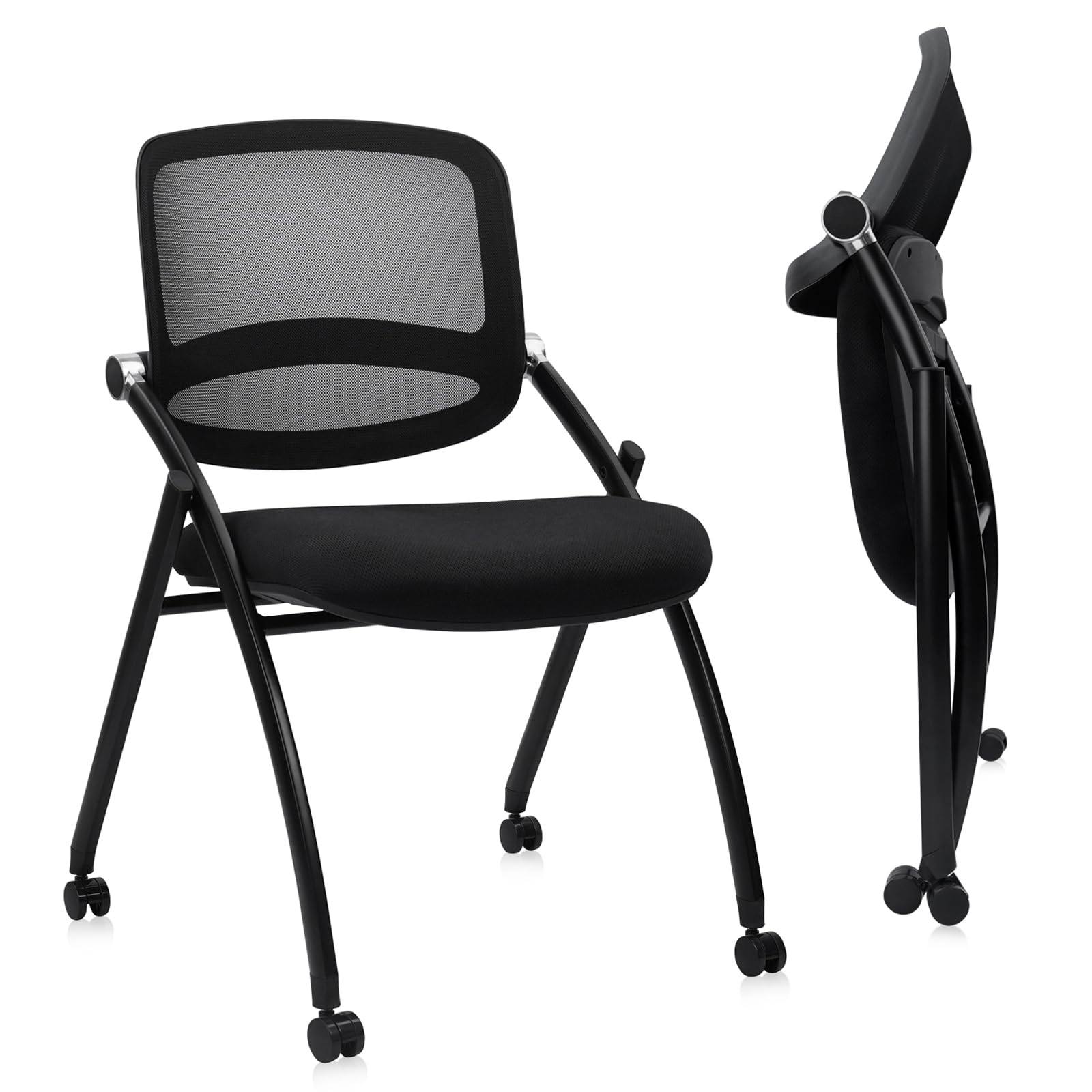 (2pk) Stackable & Foldable Chairs with Wheels, Reception Guest Chairs with Lumbar Support, Ergonomic Curved Mesh Back Folding Chair for Office Schools Conference Waiting Room, Black