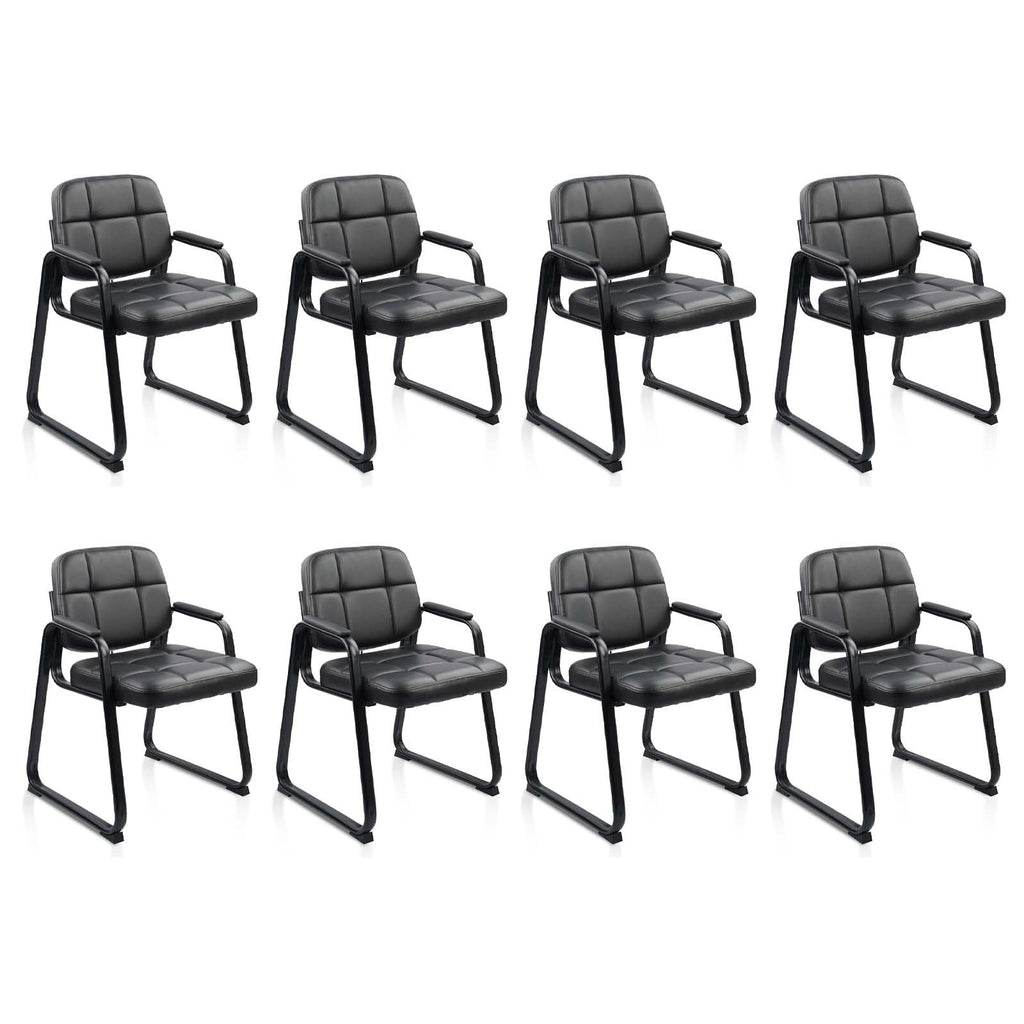 8 Pack, Waiting Room Guest Chair with Bonded Leather Padded Arm Rest for Office Reception and Conference Desk Black with Sled Base