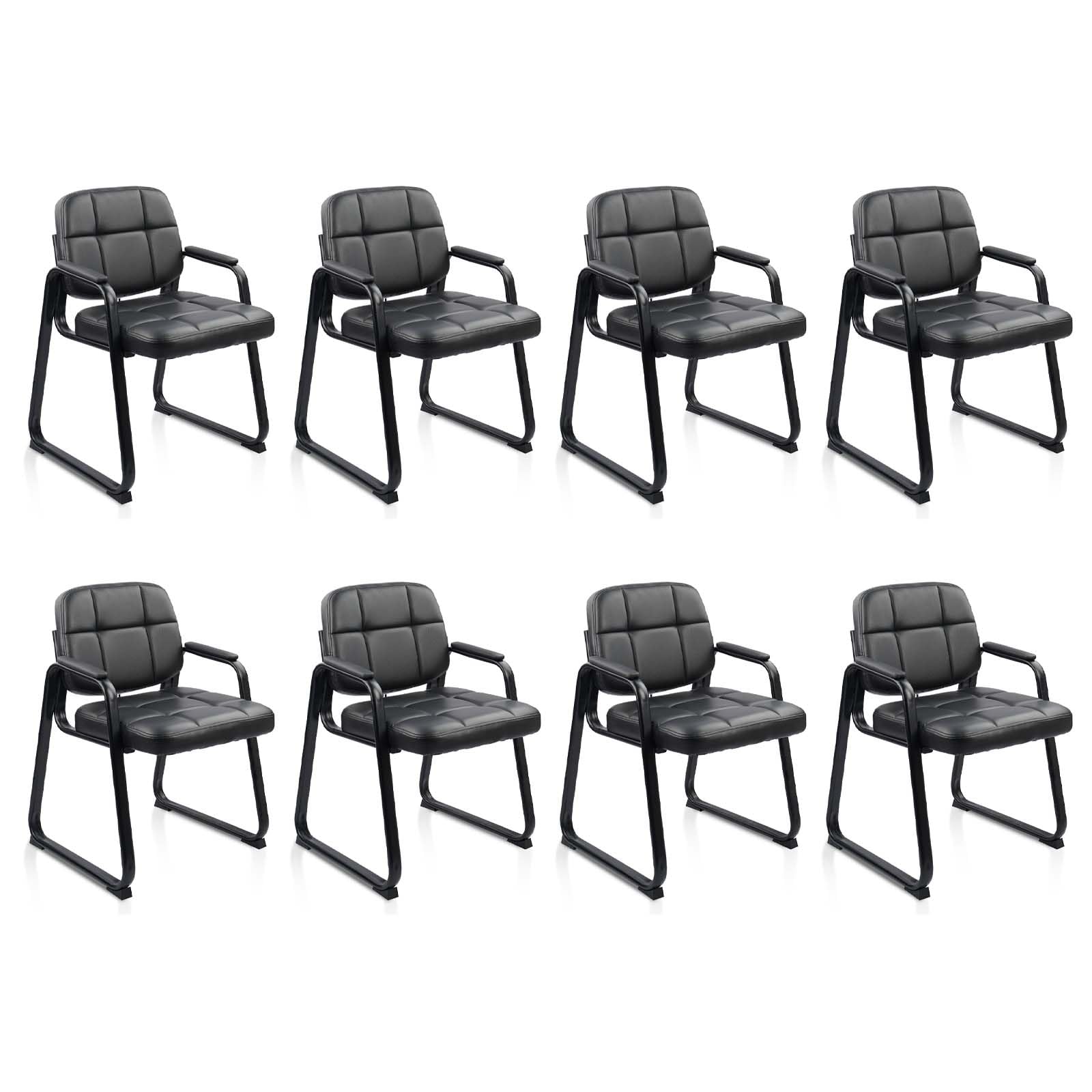 8 Pack, Waiting Room Guest Chair with Bonded Leather Padded Arm Rest for Office Reception and Conference Desk Black with Sled Base