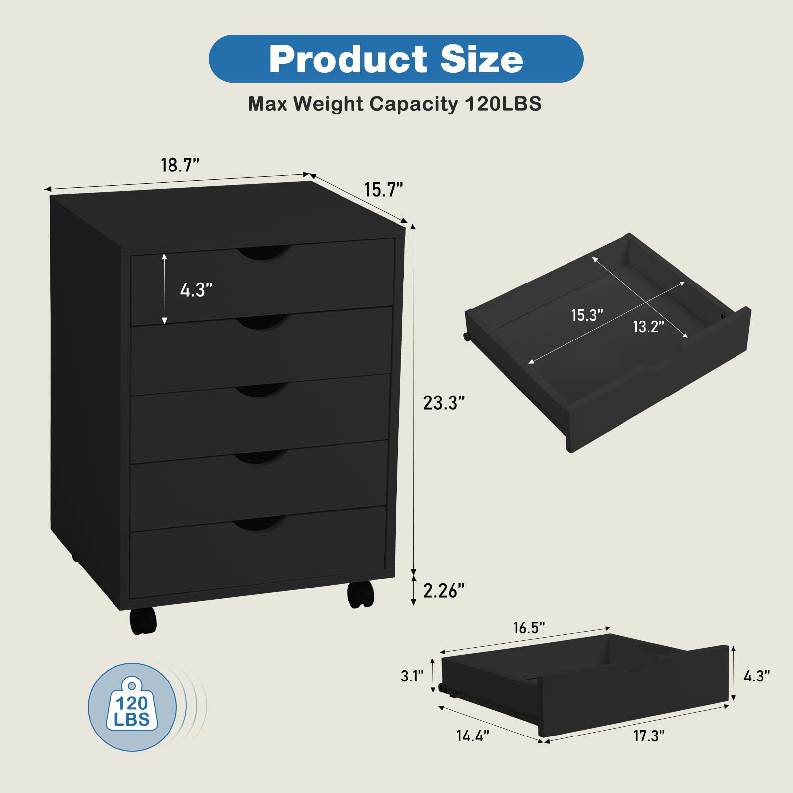 5 Drawer File Cabinet with Wheels, Under Desk Storage Printer Stand