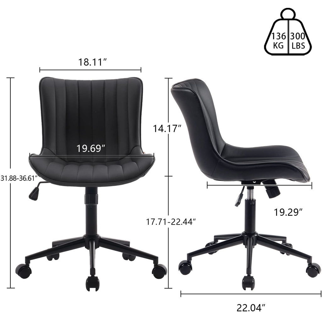 Black Office Desk Chair with Wheels Comfy Armless Small Vanity Chair with Adjustable Rocking Back Modern Leather Upholstered Rolling Task Computer Chair Swivel Drafting Chair Compact