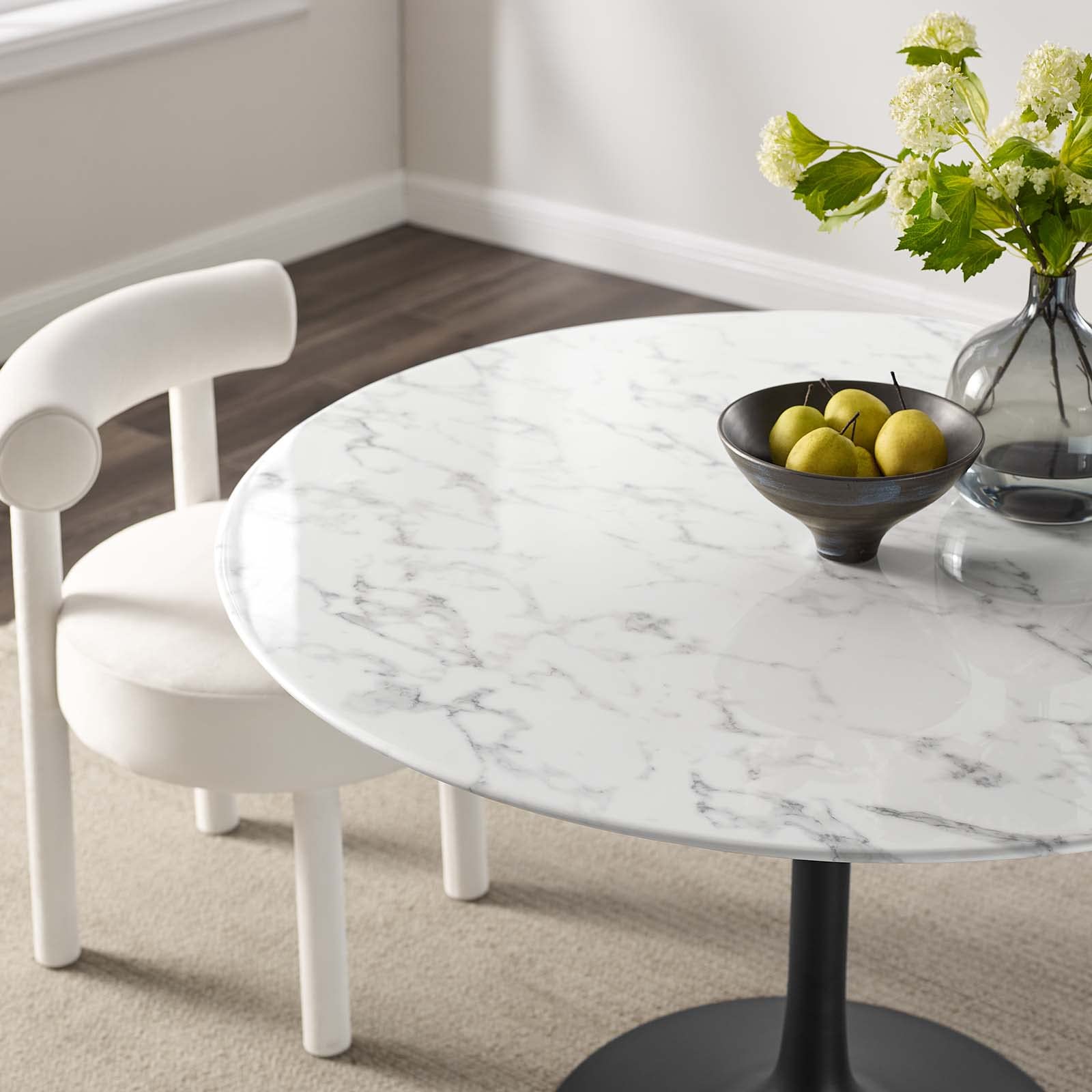 Modway Lippa 47" Round Artificial Marble Dining Table, Top, Black Base