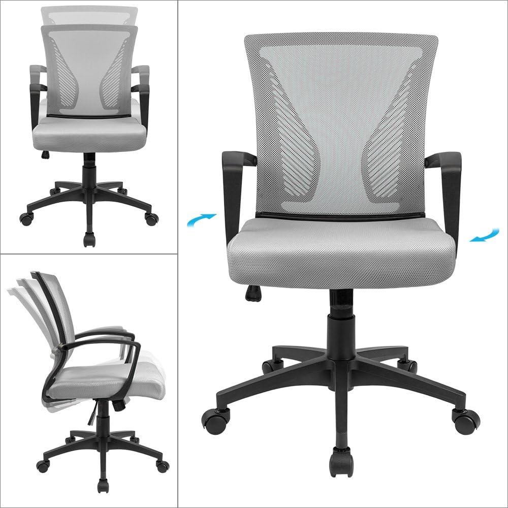 (2, Gray) Office Chair Ergonomic Computer Desk Mesh Chair Mid Back Swivel Lumbar Support with Armrest