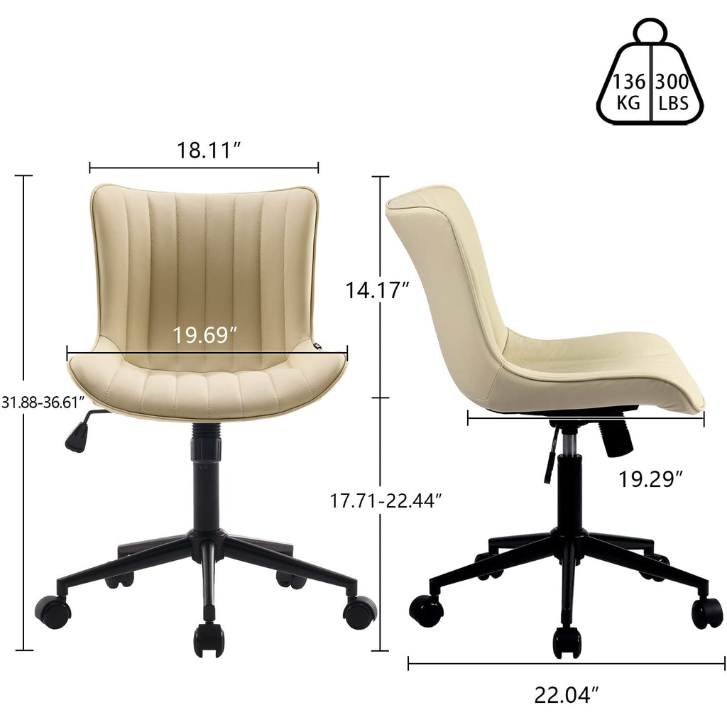 Ergonomic Home Office Desk Chair with Wheels Comfy Armless Vanity Chair with Adjustable Back Modern Leather Upholstered Swivel Computer Chair Small Rolling Task Chair  Beige