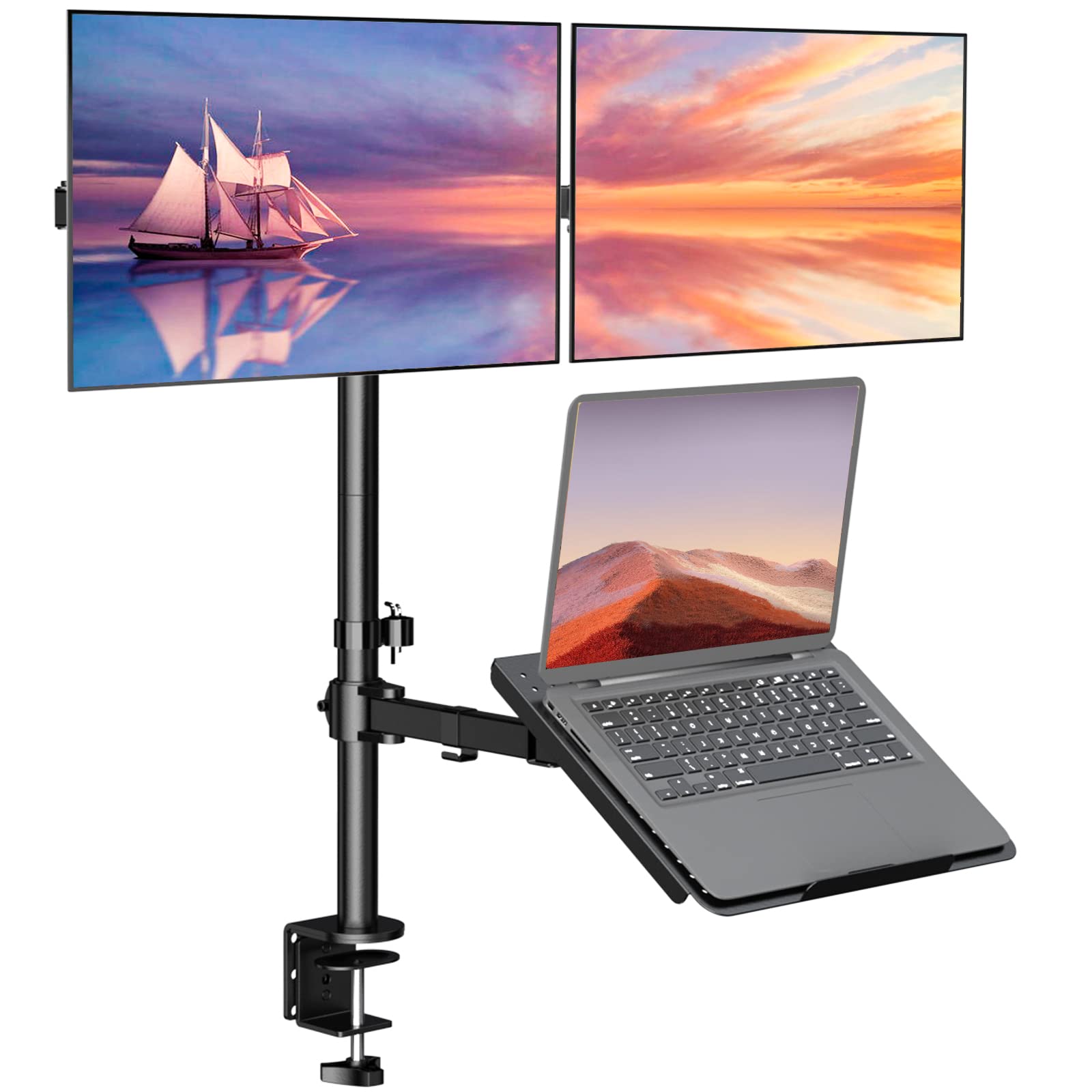 Triple Arm Laptop and Dual Monitor Desk Mount for 17" Notebook and Up to 27" Screens, Extra Tall Adjustable Monitor Stand with Laptop Tray, VESA 75x75 100x100, Black