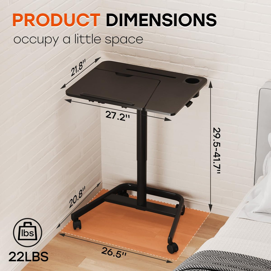Mobile Standing Desk, Height Adjustable Table, 60° Tiltable Rolling Laptop Desk, Portable Sit Stand Desk with Wheels Cup Holder for Bed Couch Hospital, Holds Up to 22lbs, Black