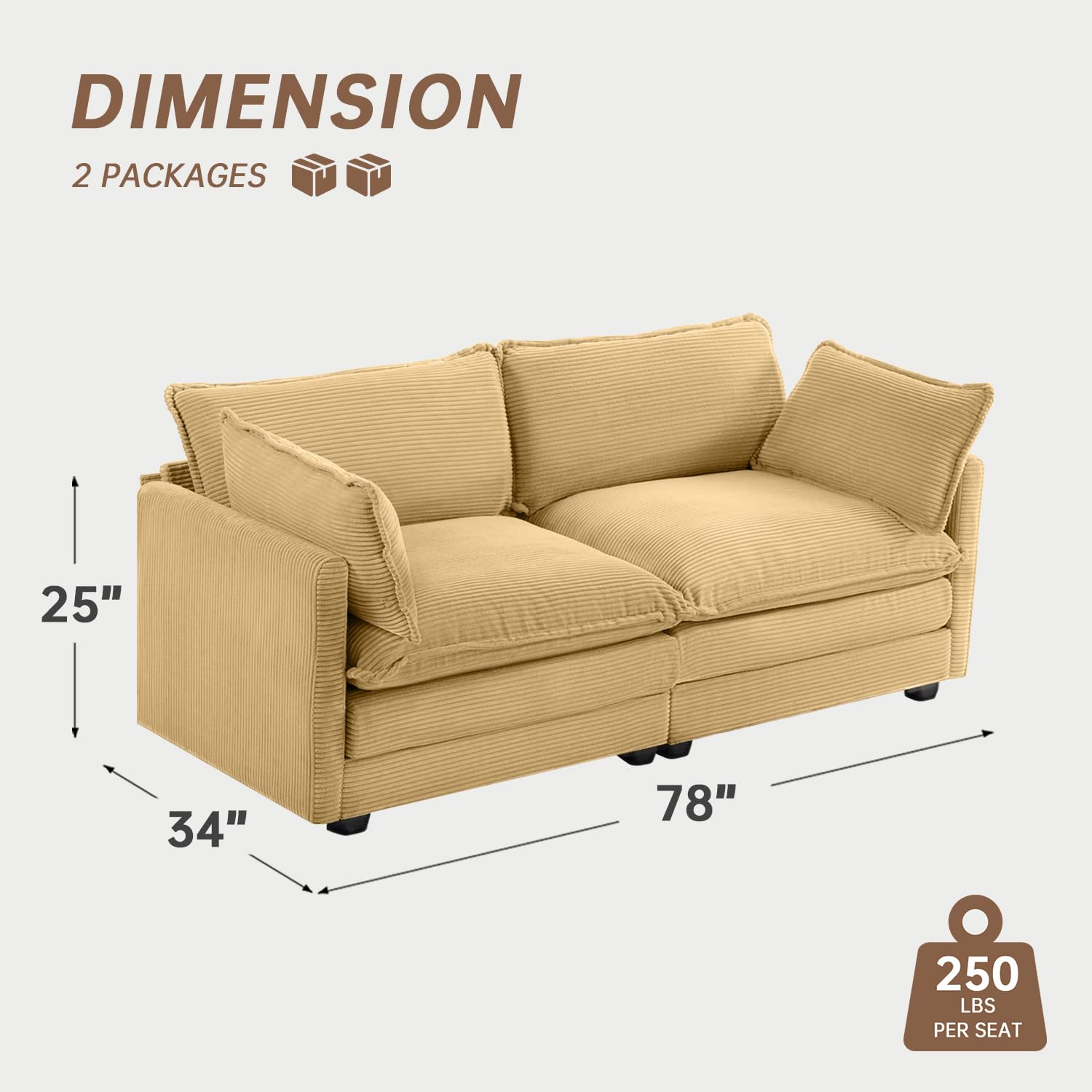 78'' Sectional 2 Seat Cloud Loveseat with 2 Throw Pillows, Modern Corduroy Love Seat, Convertible Cozy Sofa for Living Room, Bedroom and Office, Yellow