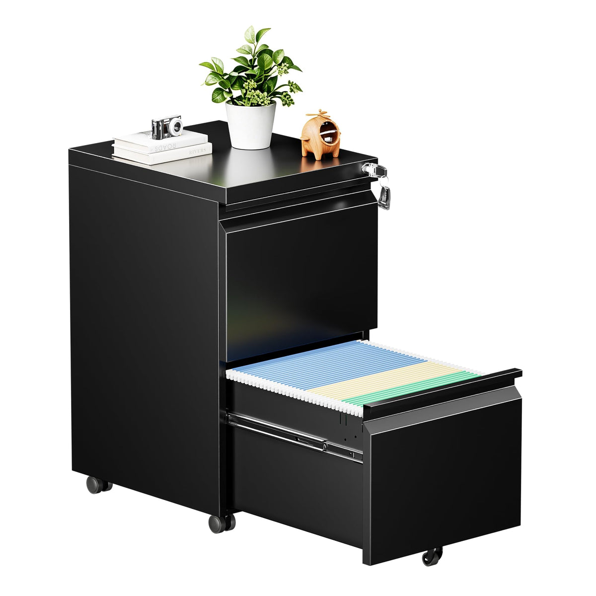 2 Drawer Mobile File Cabinet with Lock, Fully Assembled Except Casters, Under Desk Metal Filing Cabinet for Home Office Organization, Fits Letter/Legal/A4