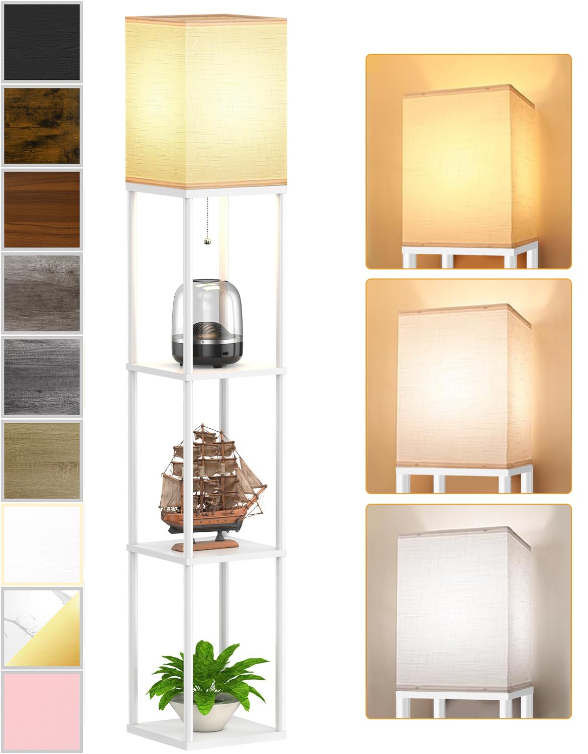 Floor Lamp with Shelves for Living Room White, Shelf Floor Lamp with 3 CCT LED Bulb, Corner Display Standing Column Lamp Etagere Organizer Tower Nightstand with White Linen Shade for Bedroom, Office