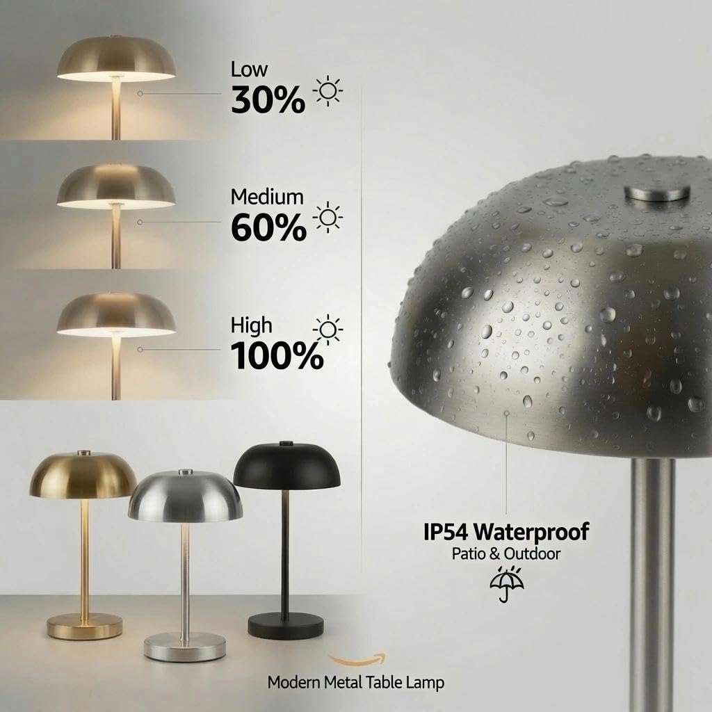 2 Pack Portable LED Mushroom Table Lamp, Metal Cordless Desk Night Light, Stepless Dimming Touch Lamp with 3 Colors for Bedroom Bedside Restaurant Bar, Black