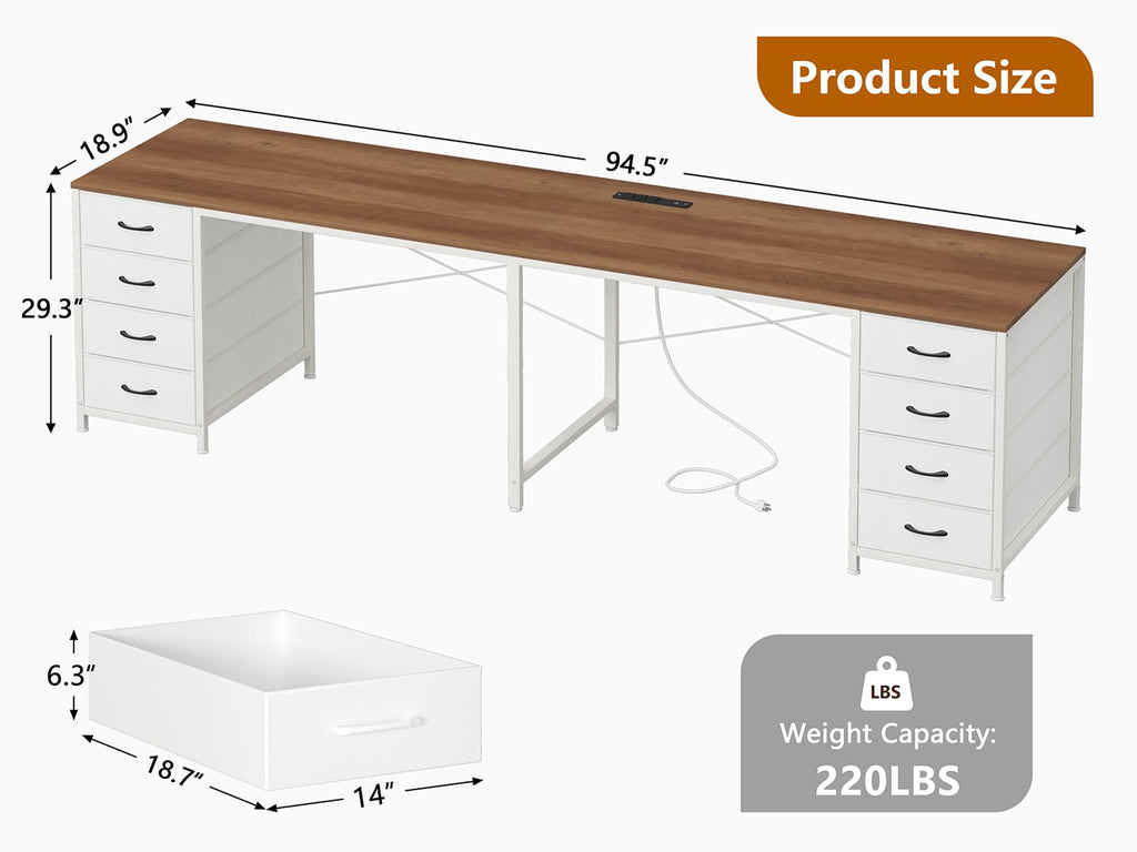 95'' Two Person Desk with 8 Drawers, Long Office Desk with Charging Station, 2 Person Desks Double Desk Writing Study Table for Home Office, Brown and White