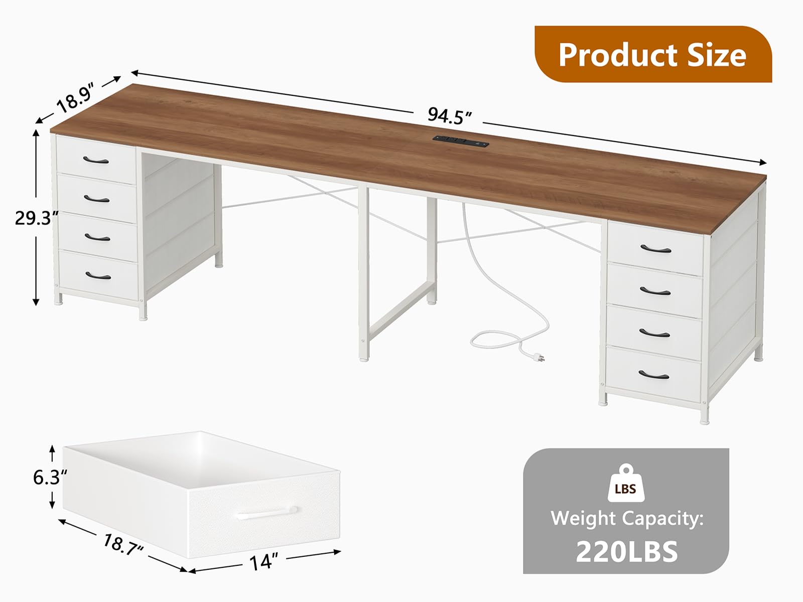95'' Two Person Desk with 8 Drawers, Long Office Desk with Charging Station, 2 Person Desks Double Desk Writing Study Table for Home Office, Brown and White