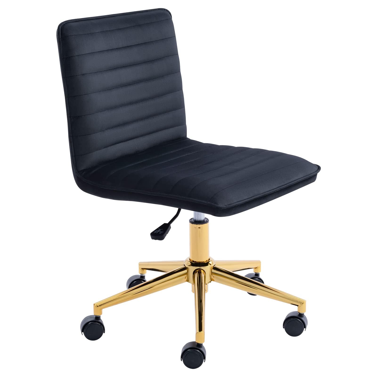 Office Desk Chair, Armless Desk Chair with Wheels Soft Velvet Adjustable Height, Comfy Computer Rolling Chairs with Gold Metal Base Stool,Black