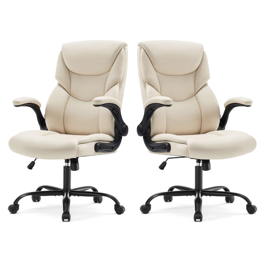 Set of 2, Ergonomic Computer Gaming Office Chair  Heavy Duty Task Desk Swivel Rolling Chairs with Wheels, Flip-up Arms, Adjustable Height, PU Leather,Cream White