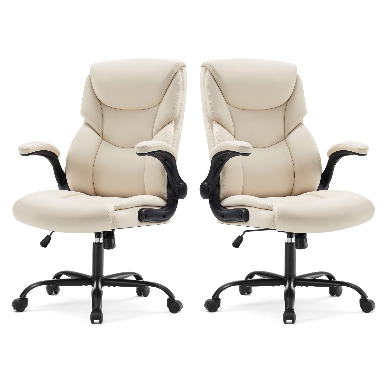 Set of 2, Ergonomic Computer Gaming Office Chair  Heavy Duty Task Desk Swivel Rolling Chairs with Wheels, Flip-up Arms, Adjustable Height, PU Leather,Cream White
