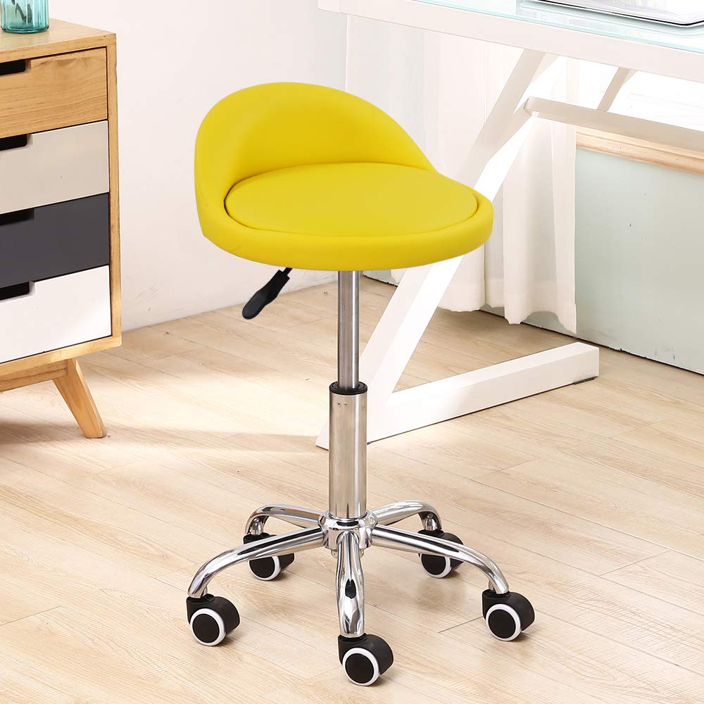 PU Leather Round Rolling Stool with Back Rest Height Adjustable Swivel Drafting Work SPA Task Chair with Wheels (Yellow)