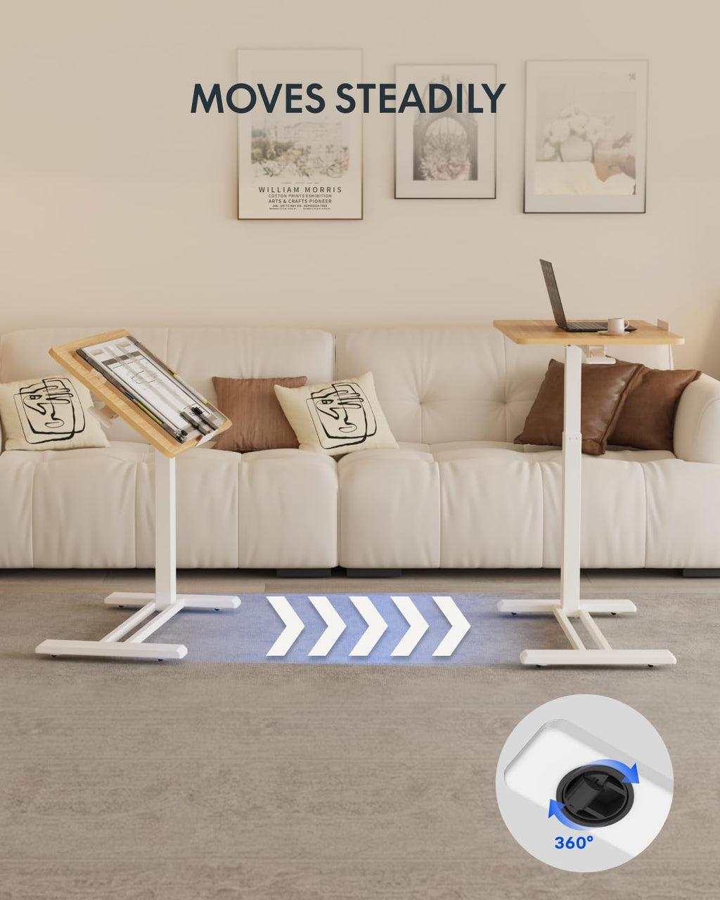 H7 PRO Mobile Standing Desk Adjustable Overbed Table Pneumatic with Wheels 55°Tiltable Portable Laptop Desk Rolling Computer Cart Foldable Bedside Table(27.6" W x 15.7" D, Maple)