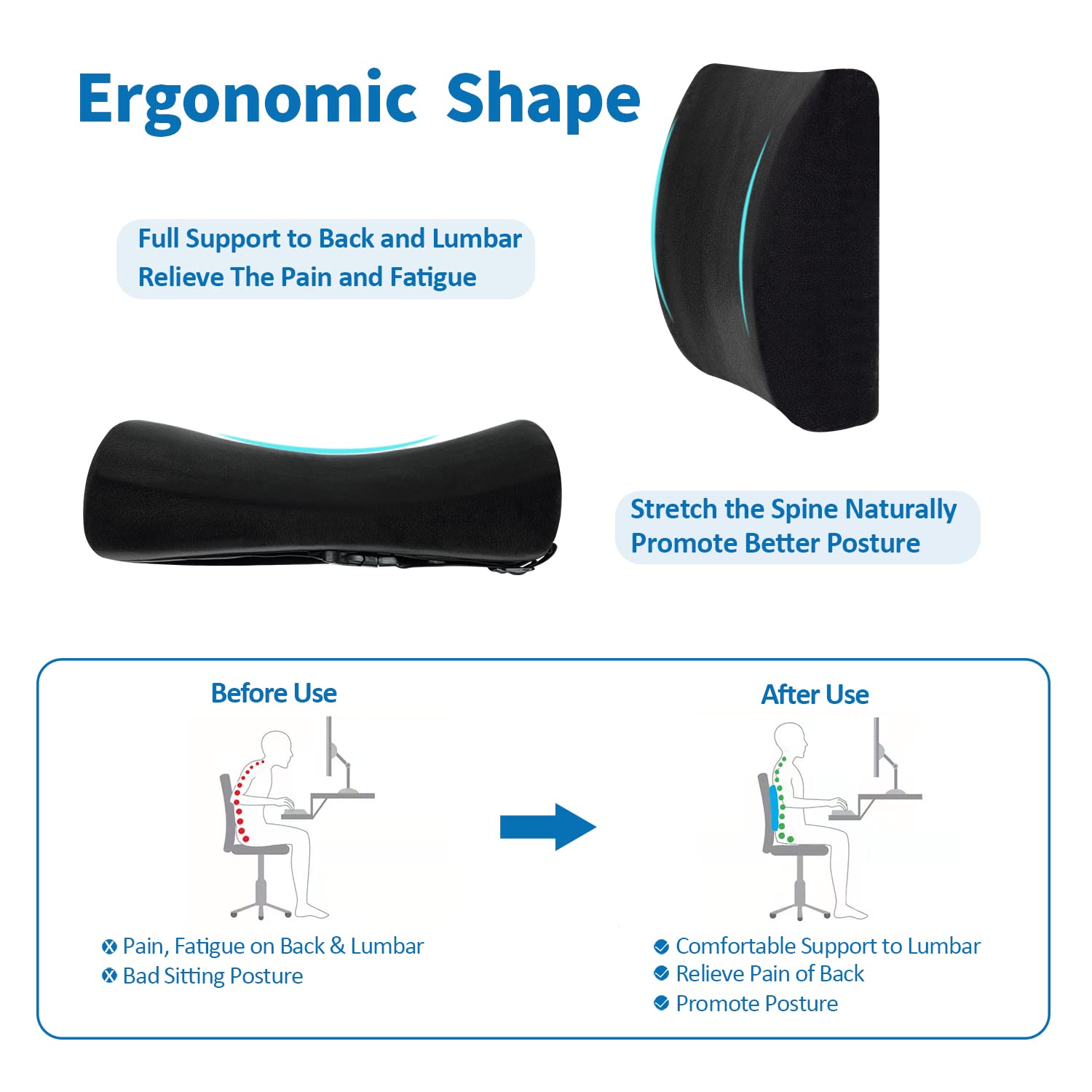 Comfortable Lumbar Support Pillow for Office Chair, Memory Foam Back Support Pillows for Car、Gaming Chair、 Home Chair, Back Pain Relief Improve Posture, Double Adjustable Straps(Black)