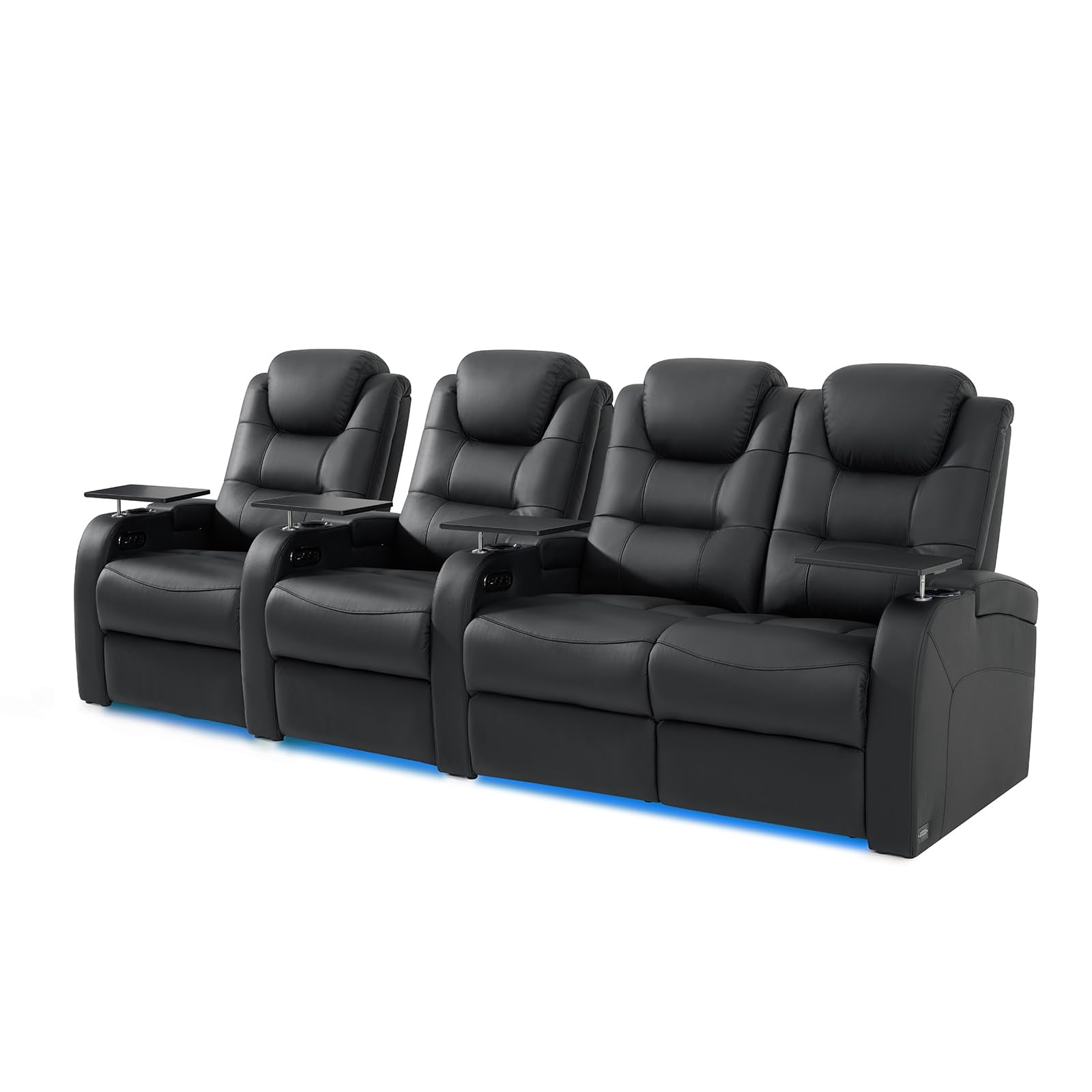 Home Theater Seating Simple Style Top Grain Leather Loveseat Recliner Chair Dual Power Movie Theater Chairs Gaming Sofa Electric Headrest with Tray Table (Black, Row of 4 Loveseat Right)