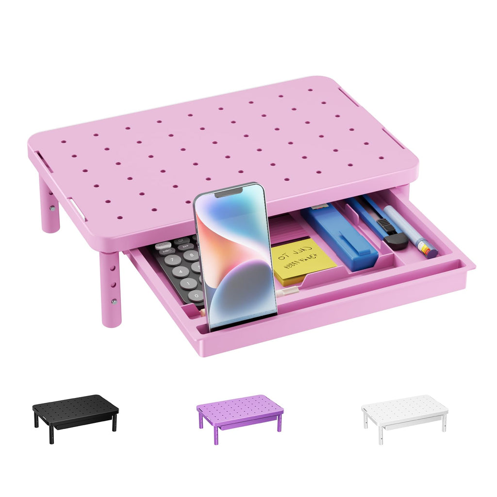 Computer Monitor Stand with Storage, Desk Monitor Riser 3 Height Adjustable, Laptop Riser with Airflow Vents, Desk Organizer for Computer, Laptop, Printer (PTT002-P), 1 Pack, Pink