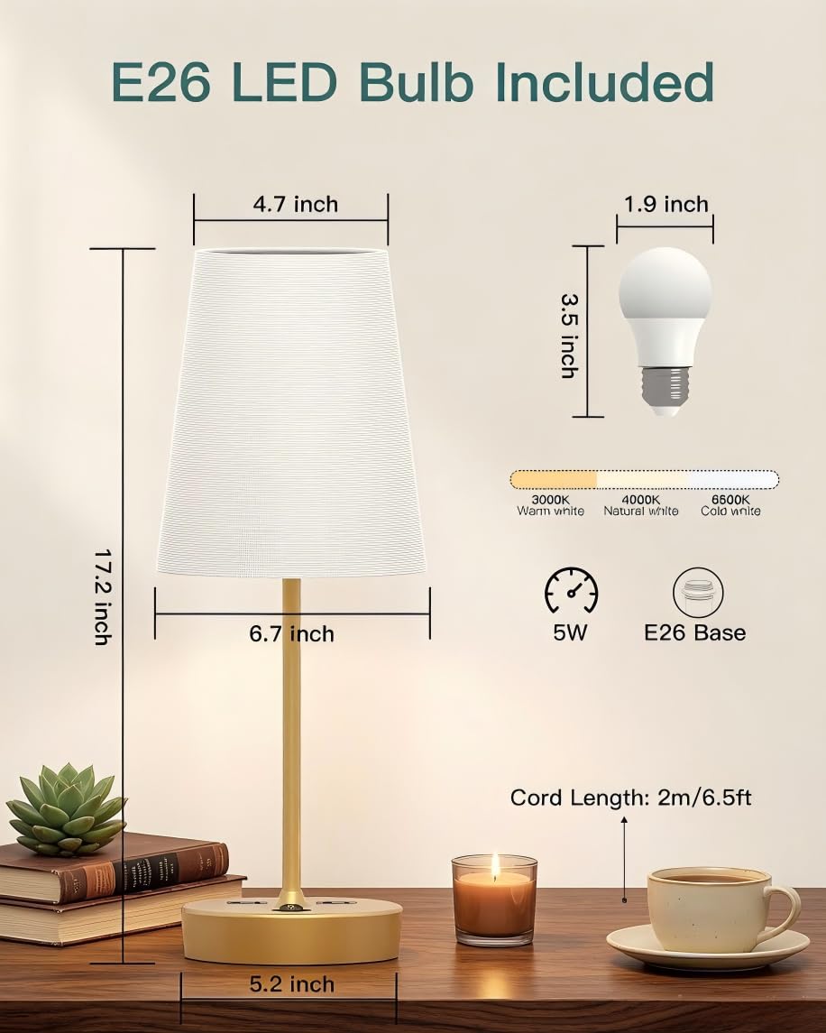 Bedroom Table Lamp, Bedside Lamp with AC Outlet and USB C Charging Ports(PD 20W), 3-Way Dimmable Lamp with Switch, Lamps with Shade for Night Stands, Living Room, Desk, and Home Office, 6.5Ft