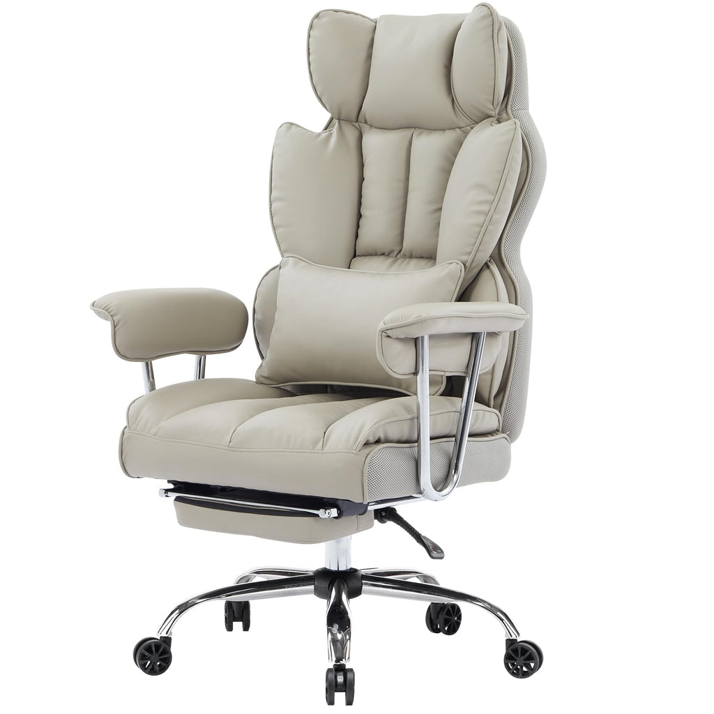 Big and Tall Office Chair 400lbs – High Back Executive Chair with Swivel Base, PU Leather Upholstery, Lumbar Pillow, Padded Armrests, and Rolling Wheels，Grey Computer Chair
