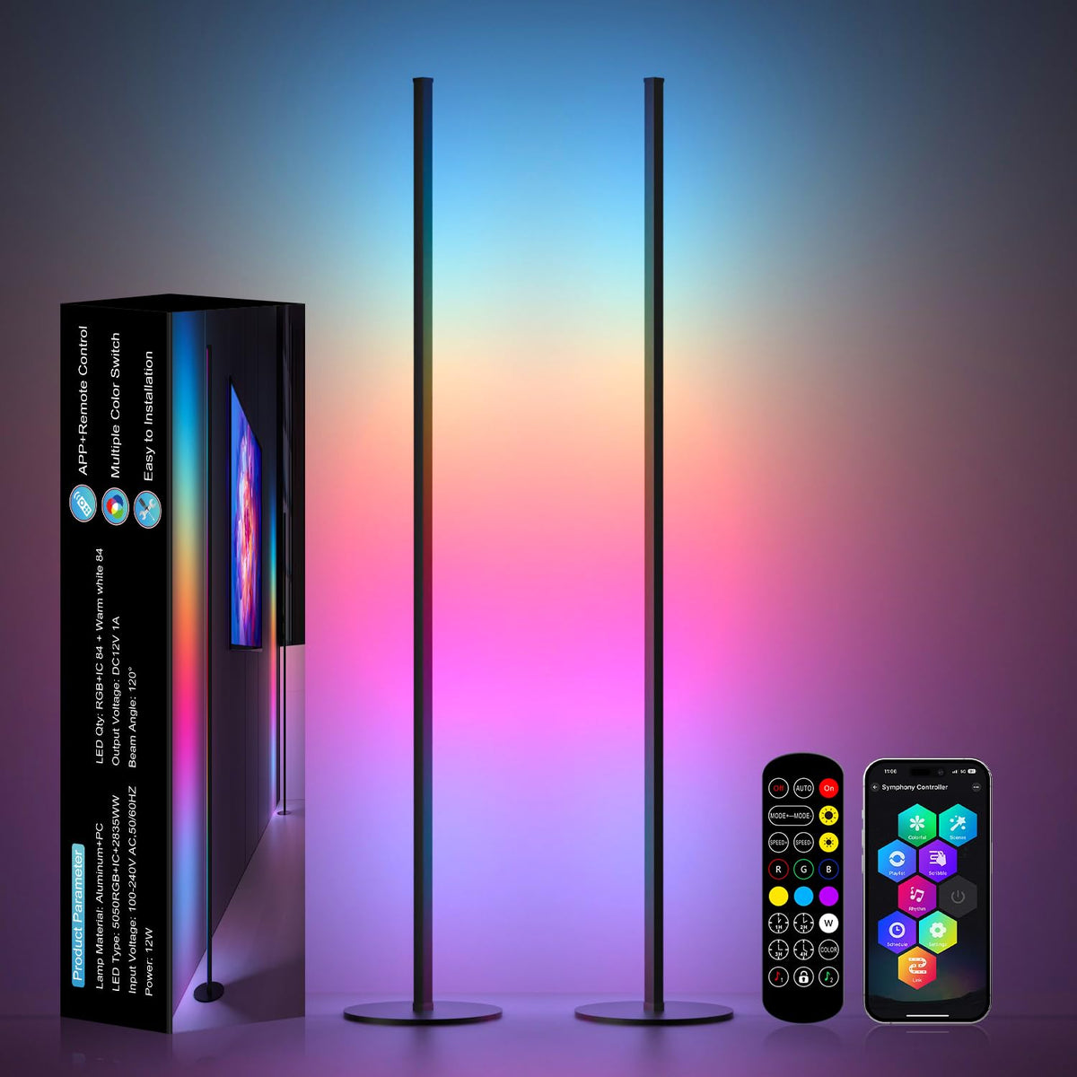 LED Corner Floor Lamp, Ambient Lighting One Connected Pair