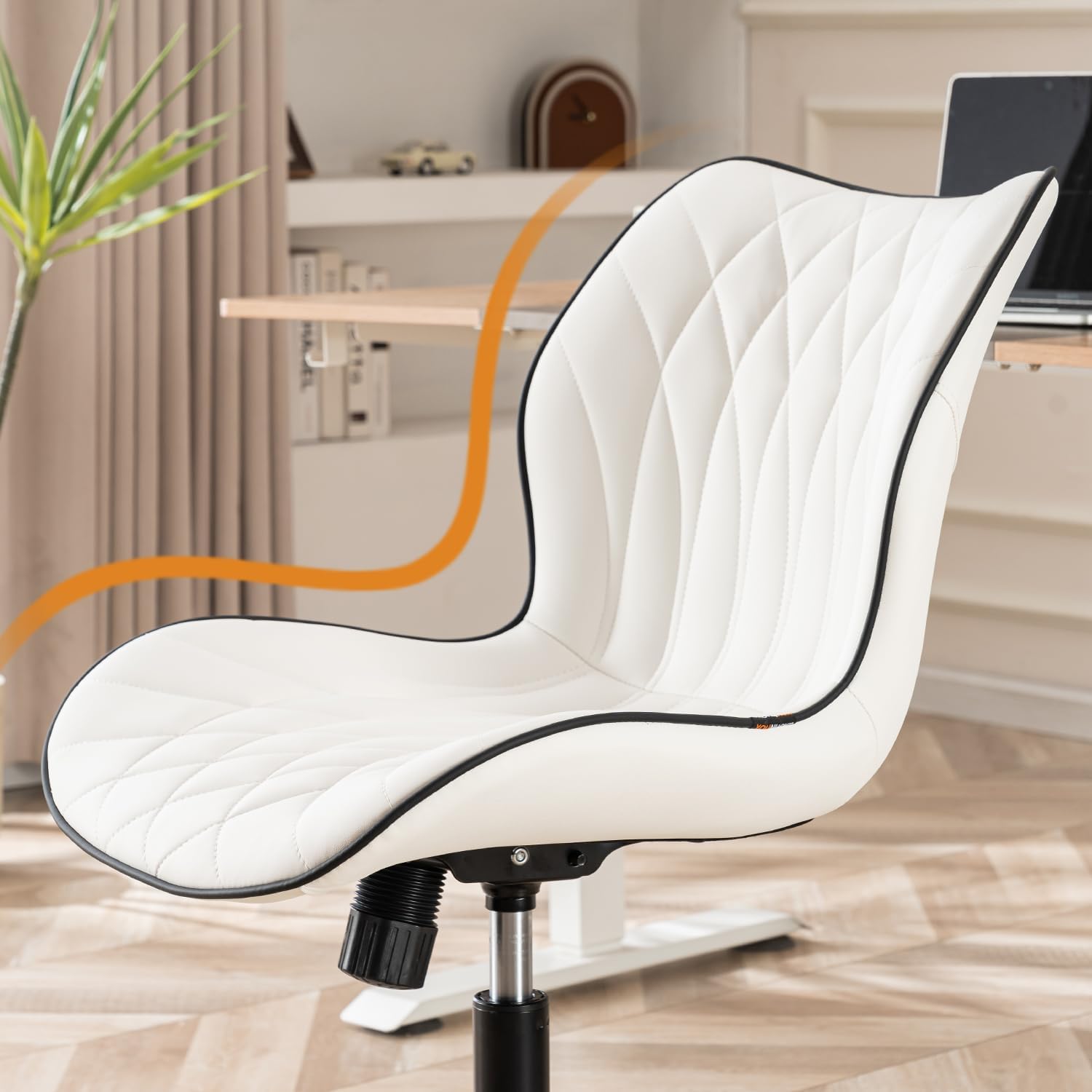 Armless Desk Chair Comfy Office Chair with Wheels Home Ergonomic Task Chair Adjustable Computer Chairs Modern Faux Leather Swivel Chair Upholstered Makeup Vanity Chair with Back(White)