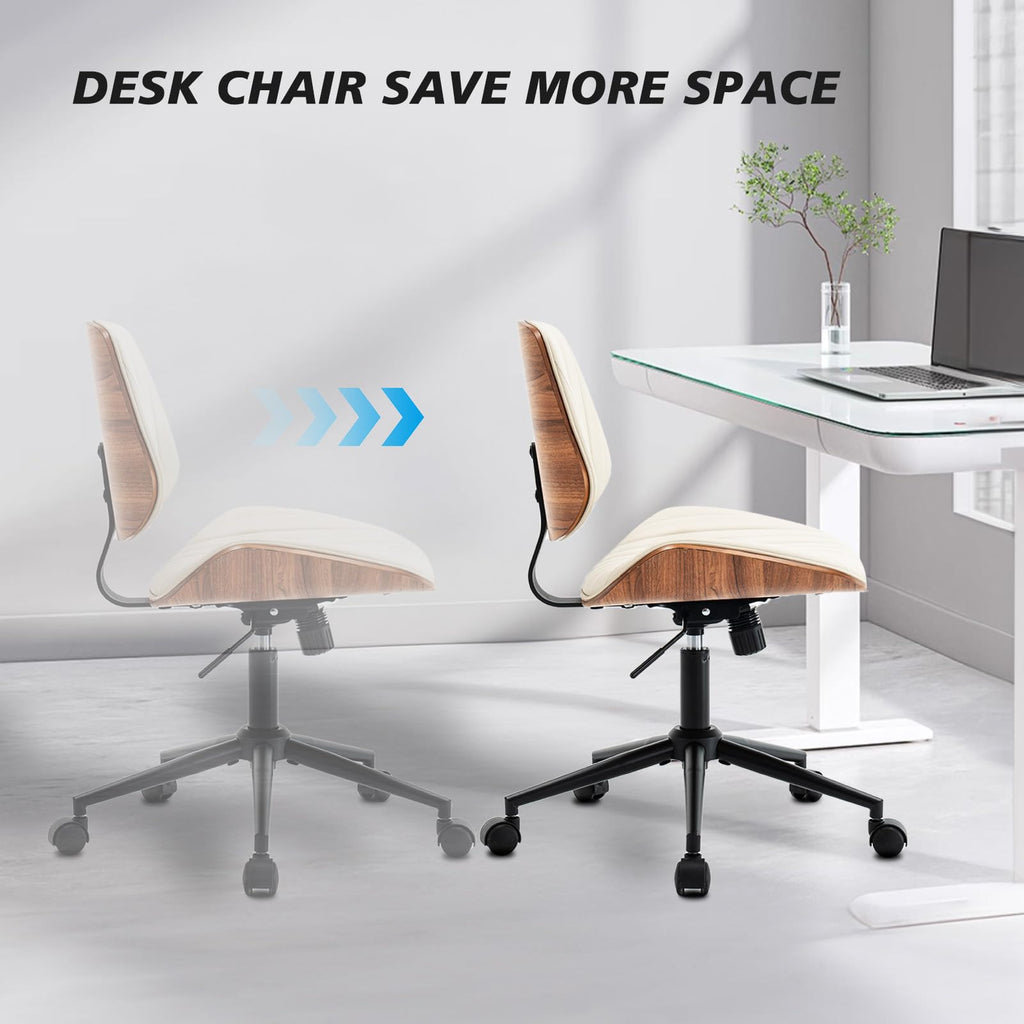Armless Desk Chair with 360°Swivel Wheels, Ergonomic Adjustable Height Computer Chair for Home Office,PU Leather with Modern Walnut Drafting Chairs for Office, Reading Nook(Beige)