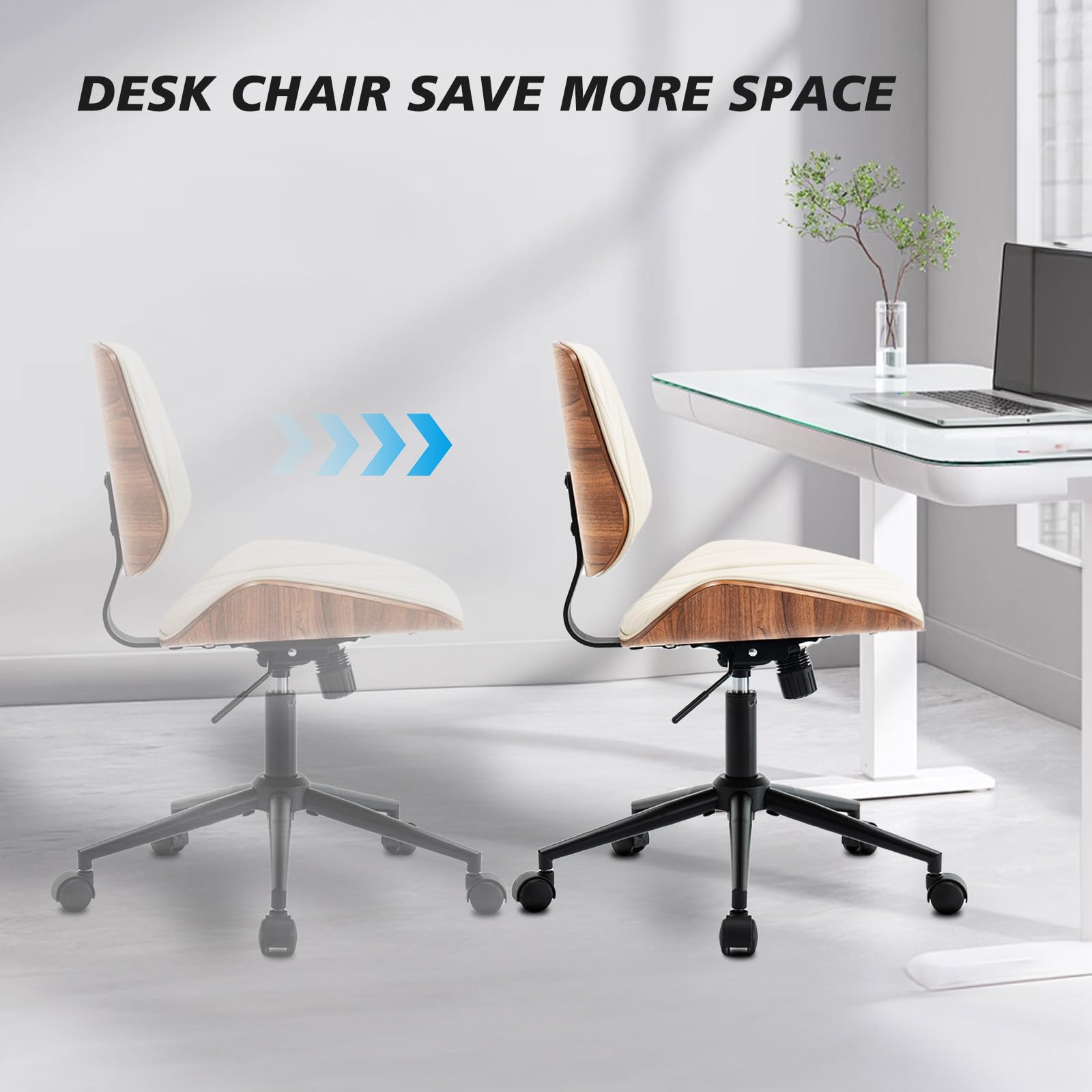 Armless Desk Chair with 360°Swivel Wheels, Ergonomic Adjustable Height Computer Chair for Home Office,PU Leather with Modern Walnut Drafting Chairs for Office, Reading Nook(Beige)