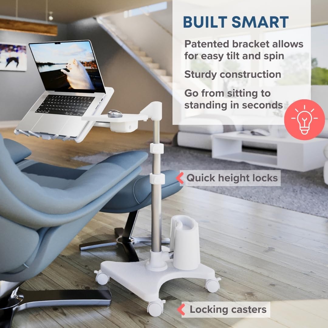 Deluxe Adjustable Laptop Stand – Rolling Computer Desk & Ergonomic Table for Bed, Sofa, or Office – Portable Mobile Workstation with Tilt – Fits Devices up to 16″ - Silver & White