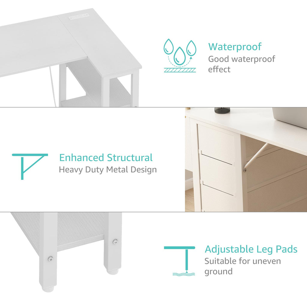 White L Shaped Computer Desk with Drawers & Storage Shelves, 47 Inch Corner Reversible Desk with Power Outlet for Home Office Bedroom, L-Shaped Teen PC Desks with Fabric Drawer, White